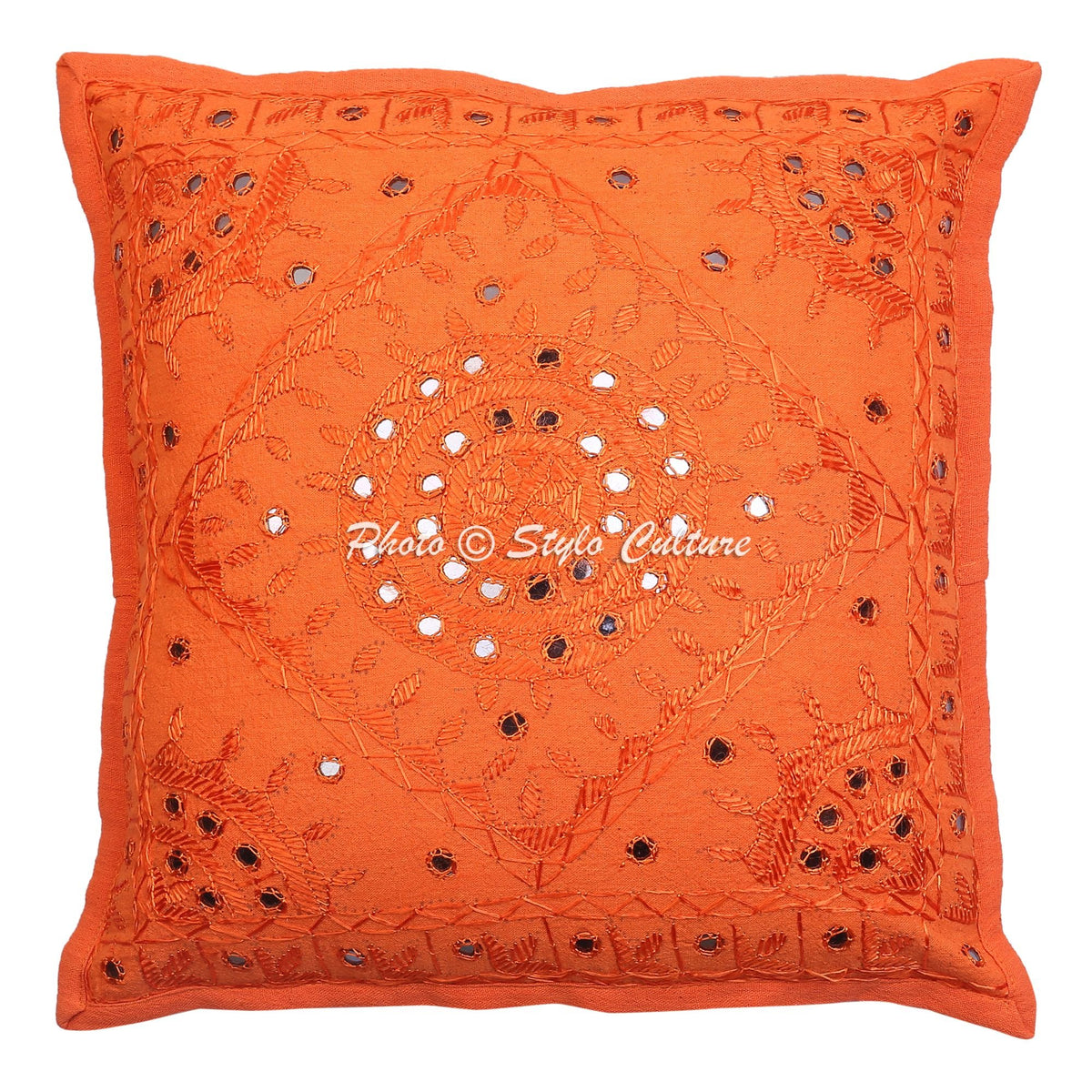 Stylo Culture Ethnic Mirrored Cushion Cover 24X24 Orange Embroidered Cotton Square Decorative Cushion Covers Single Piece