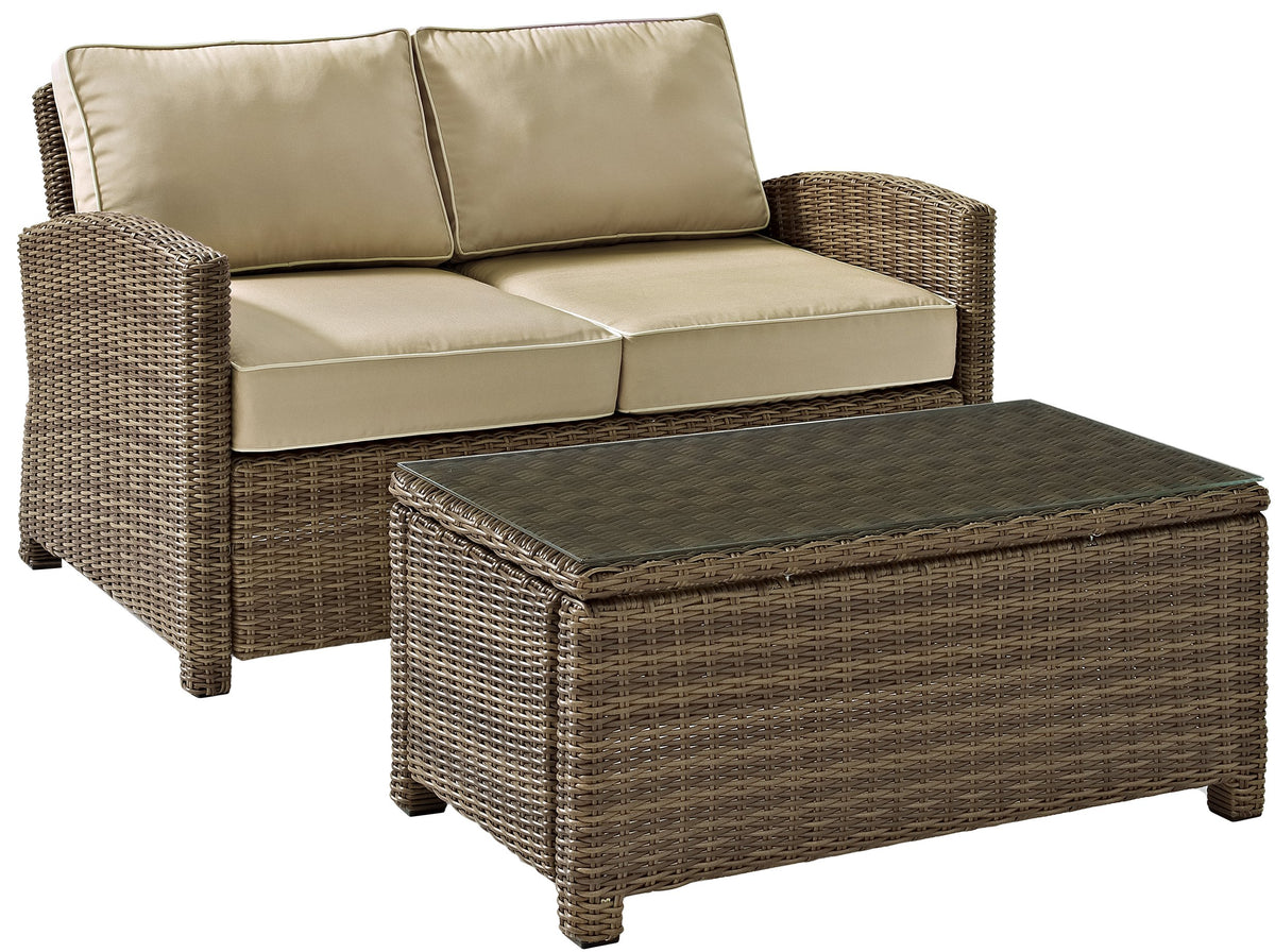 Crosley Furniture Bradenton 2-Piece Wicker Outdoor Coffee Table and Loveseat Patio Furniture Set for Porch, Brown with Sand Cushions