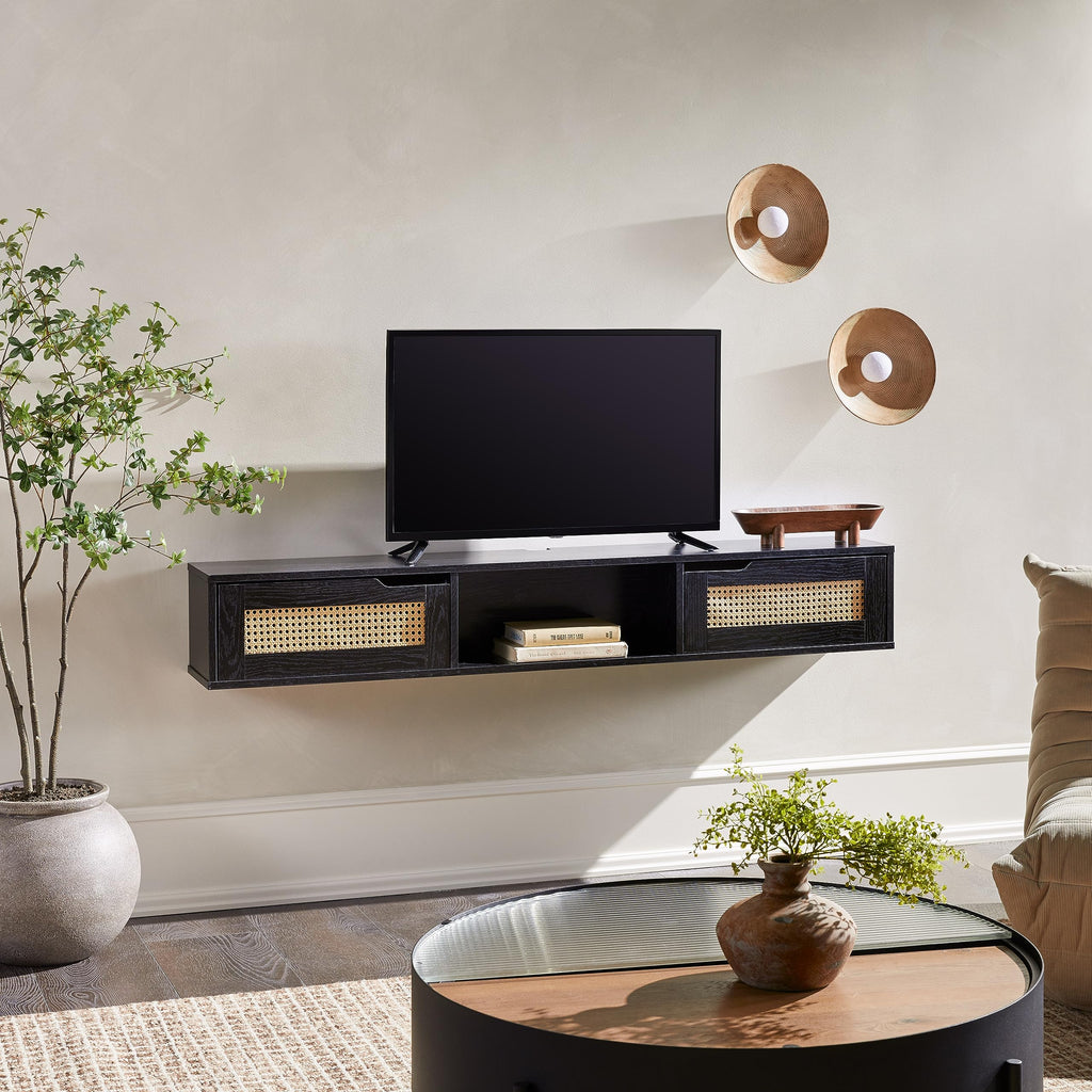 Walker Edison Modern Rattan Flip-Down-Door Wall-Mounted Floating Stand For Tvs Up To 65 Inche, 58 Inch, Black