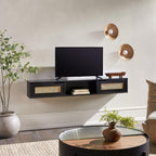 Walker Edison Modern Rattan Flip-Down-Door Wall-Mounted Floating Stand For Tvs Up To 65 Inche, 58 Inch, Black