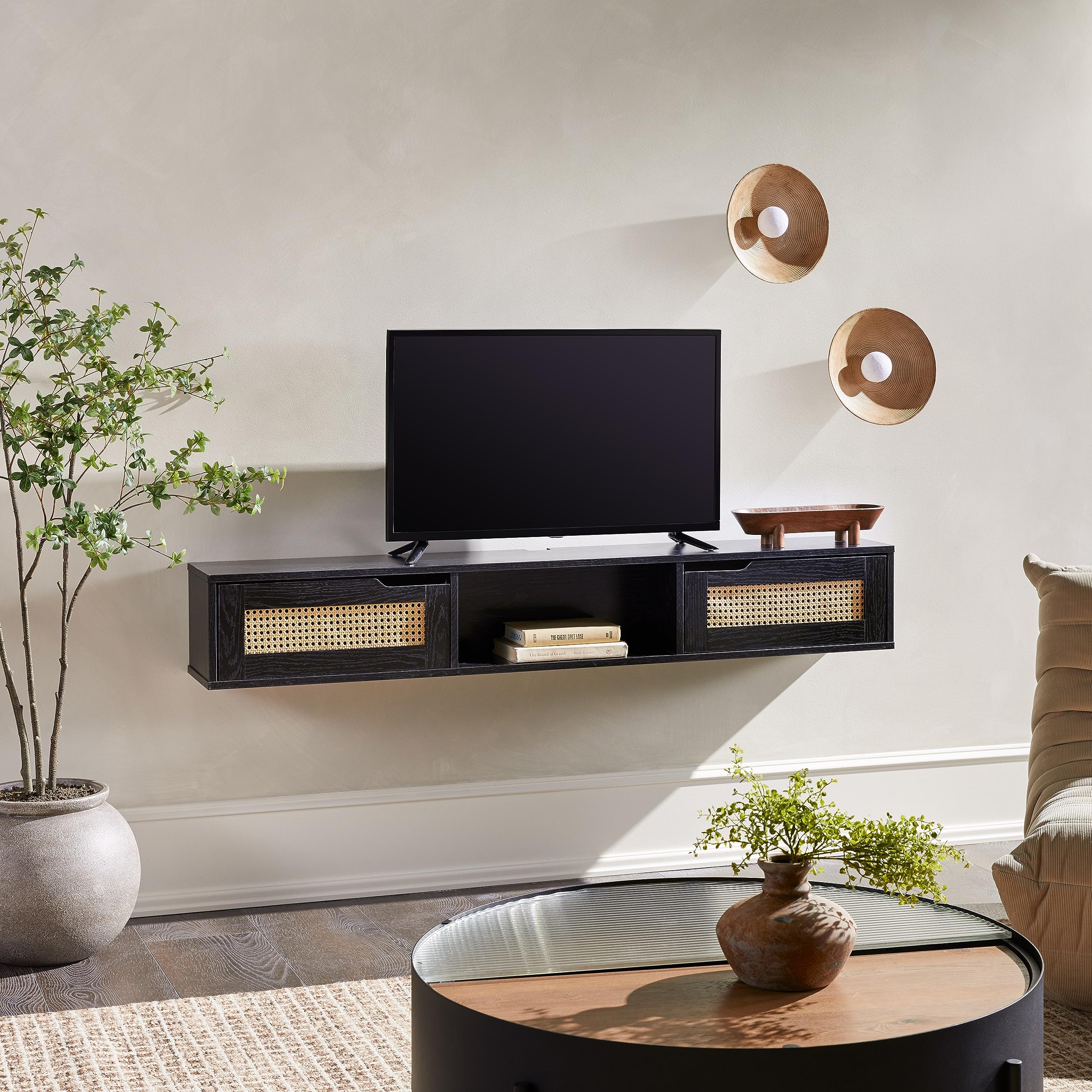 Walker Edison Modern Rattan Flip-Down-Door Wall-Mounted Floating Stand For Tvs Up To 65 Inche, 58 Inch, Black