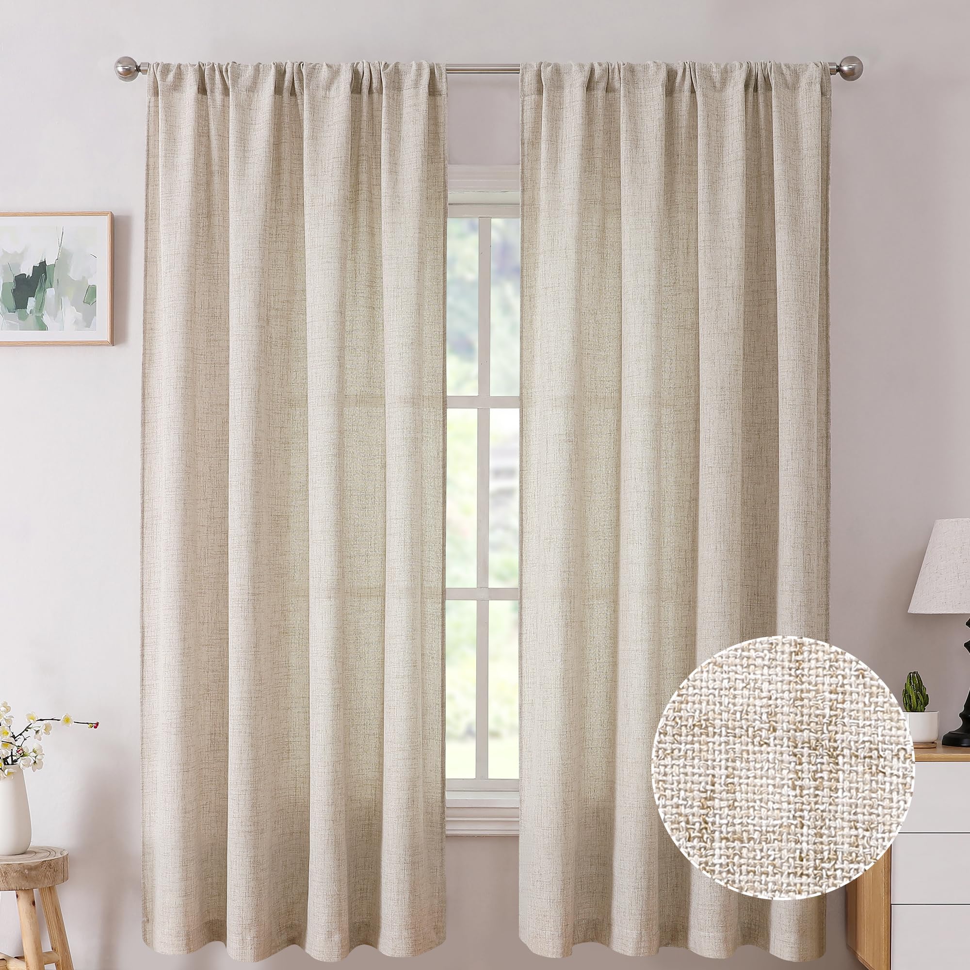 Tollpiz Short Linen Curtains Living Room Rod Pocket Semi Sheer Curtain Burlap Light Filtering Thick Linen Drapes for Bedroom, 54