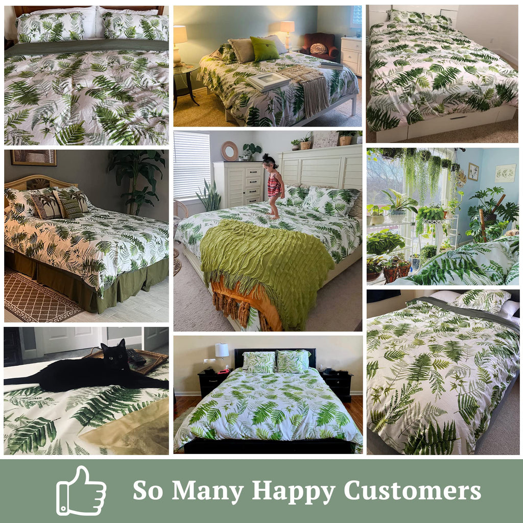 Mildly 100% Long-Staple Cotton Duvet Cover Set Green Palm Leaf Pattern Printed Comforter Cover 3Pcs, Ultra Soft & Breathable Bed