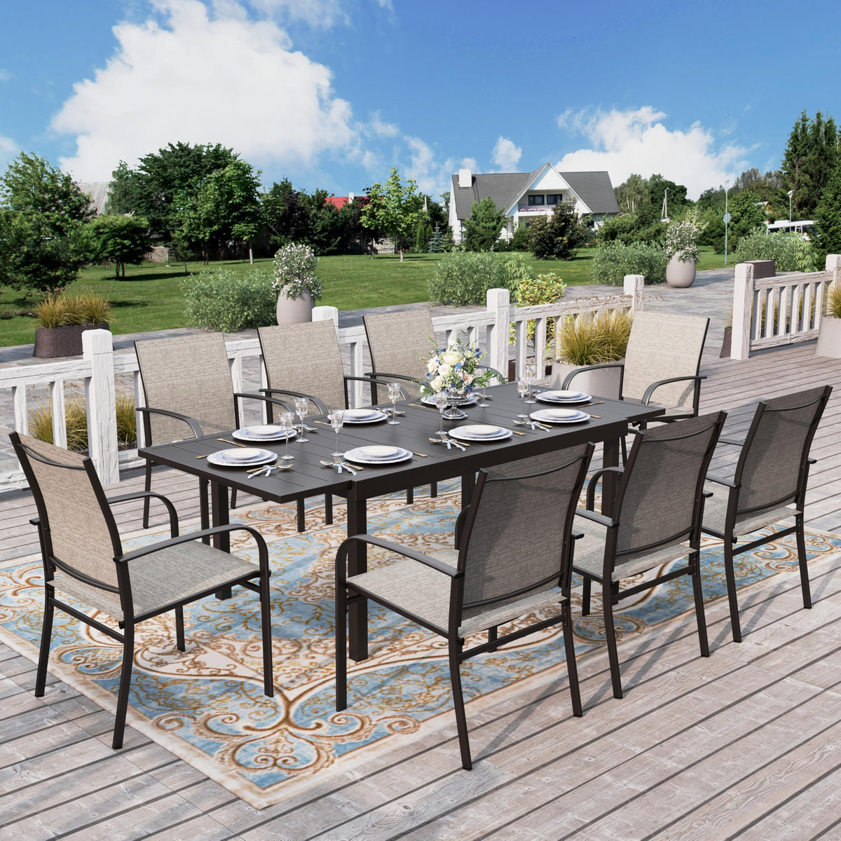 Hera'S House 9 Pieces Patio Dining Set, Outdoor Table Chairs Set For 8, 8 X Brown Dining Chair And 1 X Extendable Metal Dining T