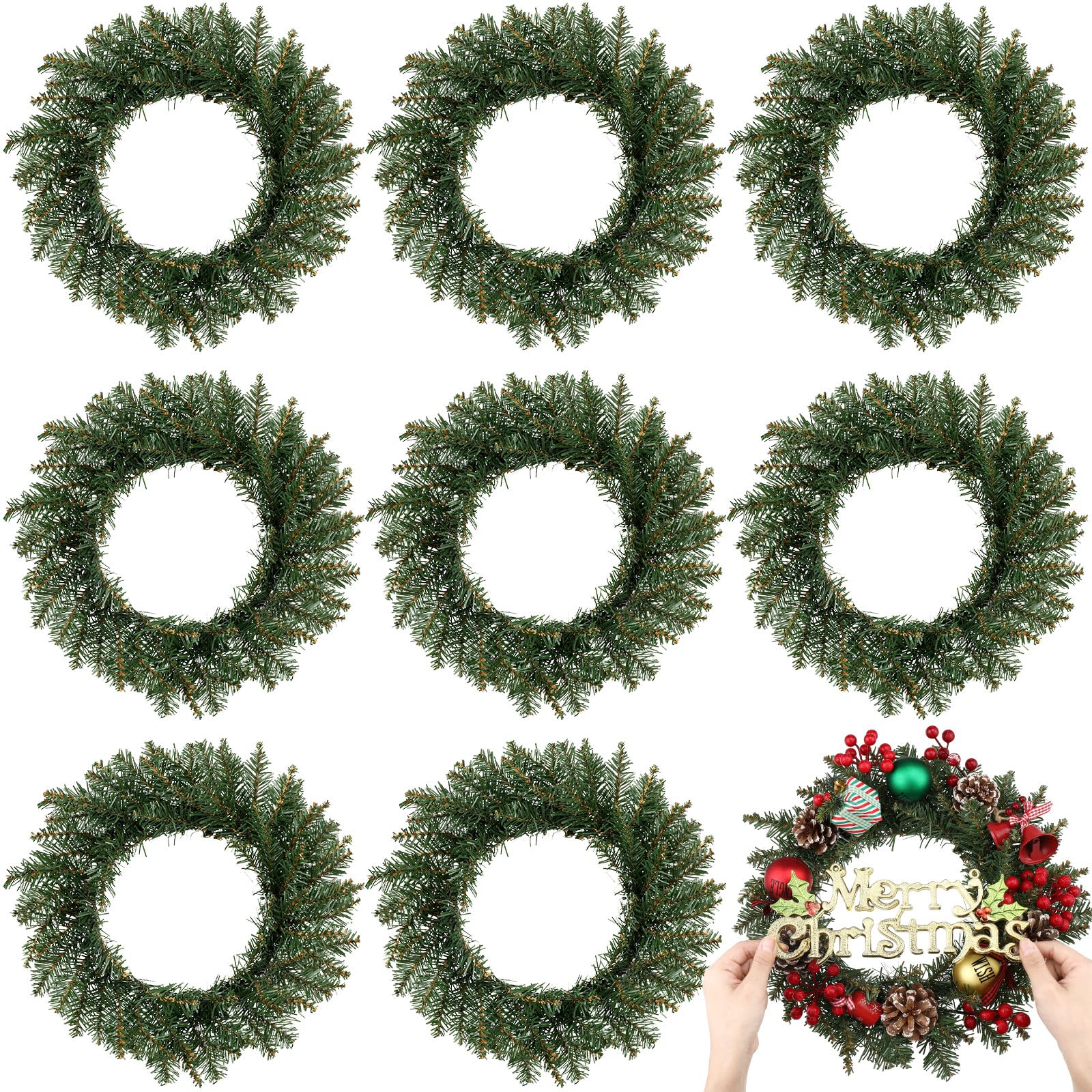 Zeyune 8 Pcs Christmas DIY Green Wreath 14 Inch Artificial Christmas Wreaths Faux Plain Wreaths for Decorating Front Door Window