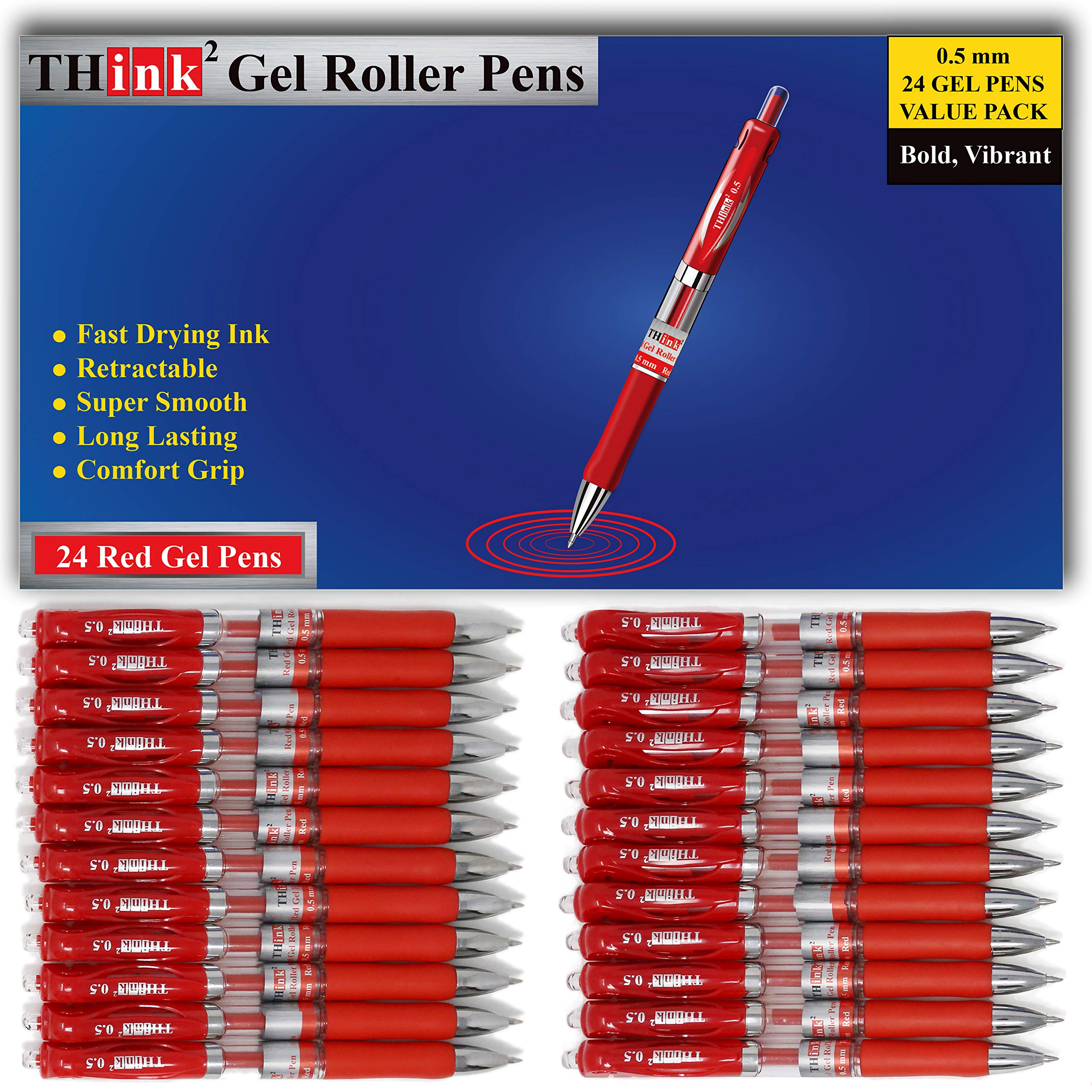 [24 Pens - Red Ink] Think2 Retractable Gel Pens. (24 Red) Fine Point (0.5Mm) Rollerball Pens With Comfort Grip. Please Remove Th