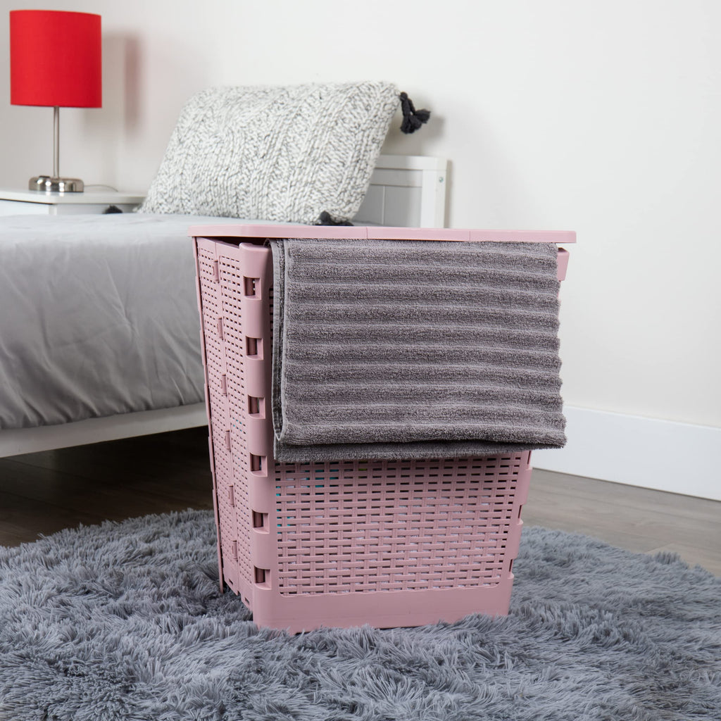 Mind Reader 61L Foldable Laundry Hamper, Clothes Basket, Lid, Wicker Design, Plastic, 18''L X 14.5''W X 21.25''H, Pink