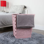 Mind Reader 61L Foldable Laundry Hamper, Clothes Basket, Lid, Wicker Design, Plastic, 18''L X 14.5''W X 21.25''H, Pink