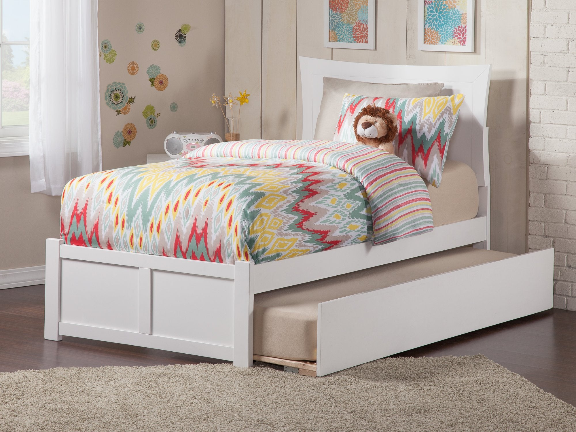AFI, Metro Twin XL Platform Bed with Footboard, Twin XL Trundle, and Attachable USB Charger, White
