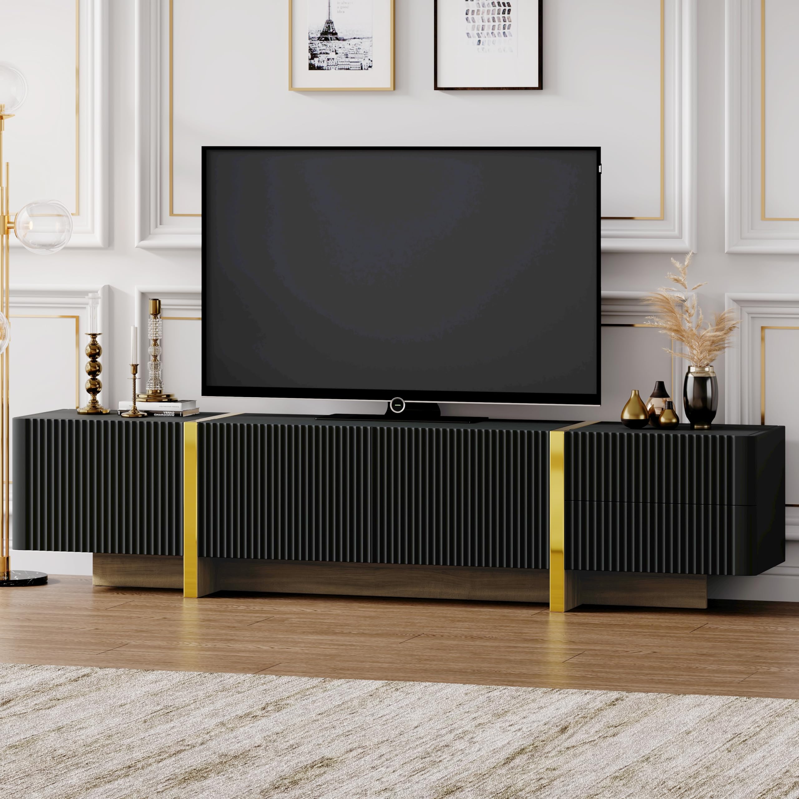 Merax Luxury Fluted Tv Stand For Televisions Up To 80'', Modern Entertainment Center With Storage Cabinets & Drawers And Golden Wood Grain Legs, Smooth Media Console, For Living Room, Black