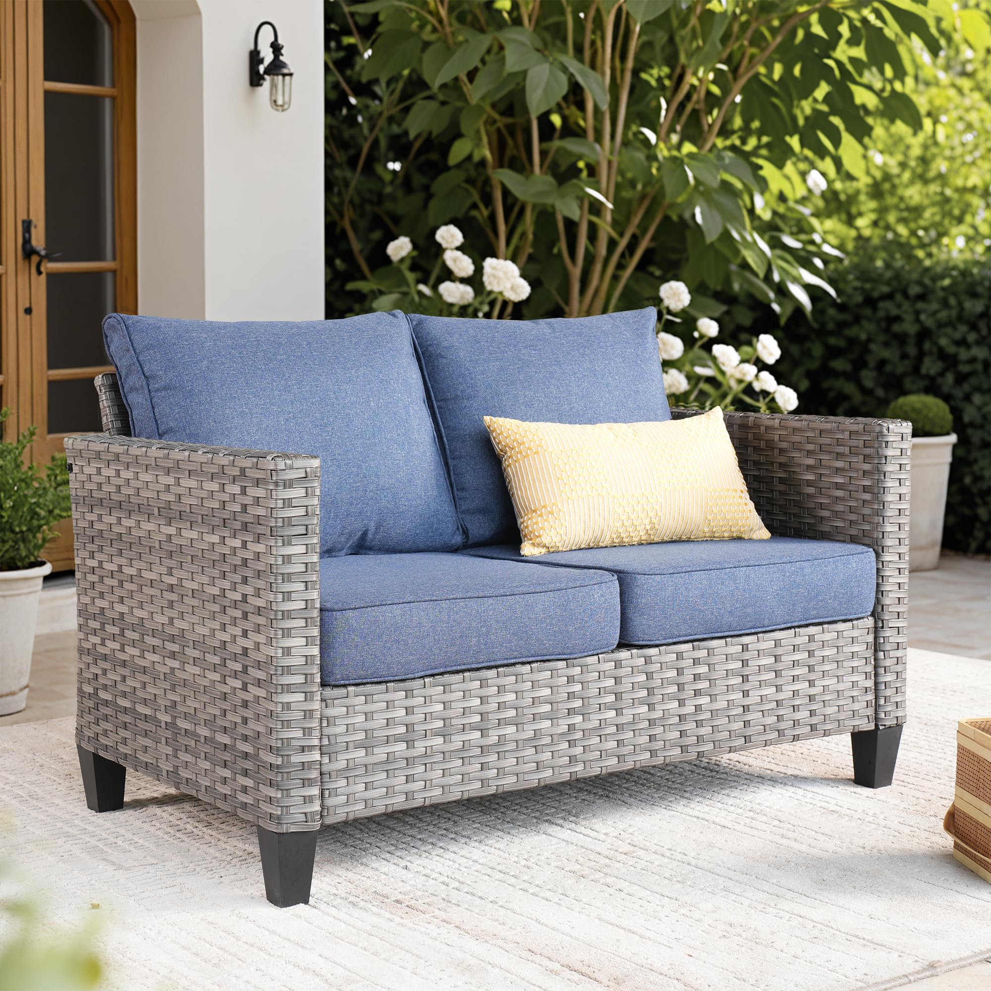 Ovios Patio Sofa All Weather Outdoor Furniture Loveseat Couch High Back Wicker Rattan Loveseat Couch For Yard Backyard Porch (De