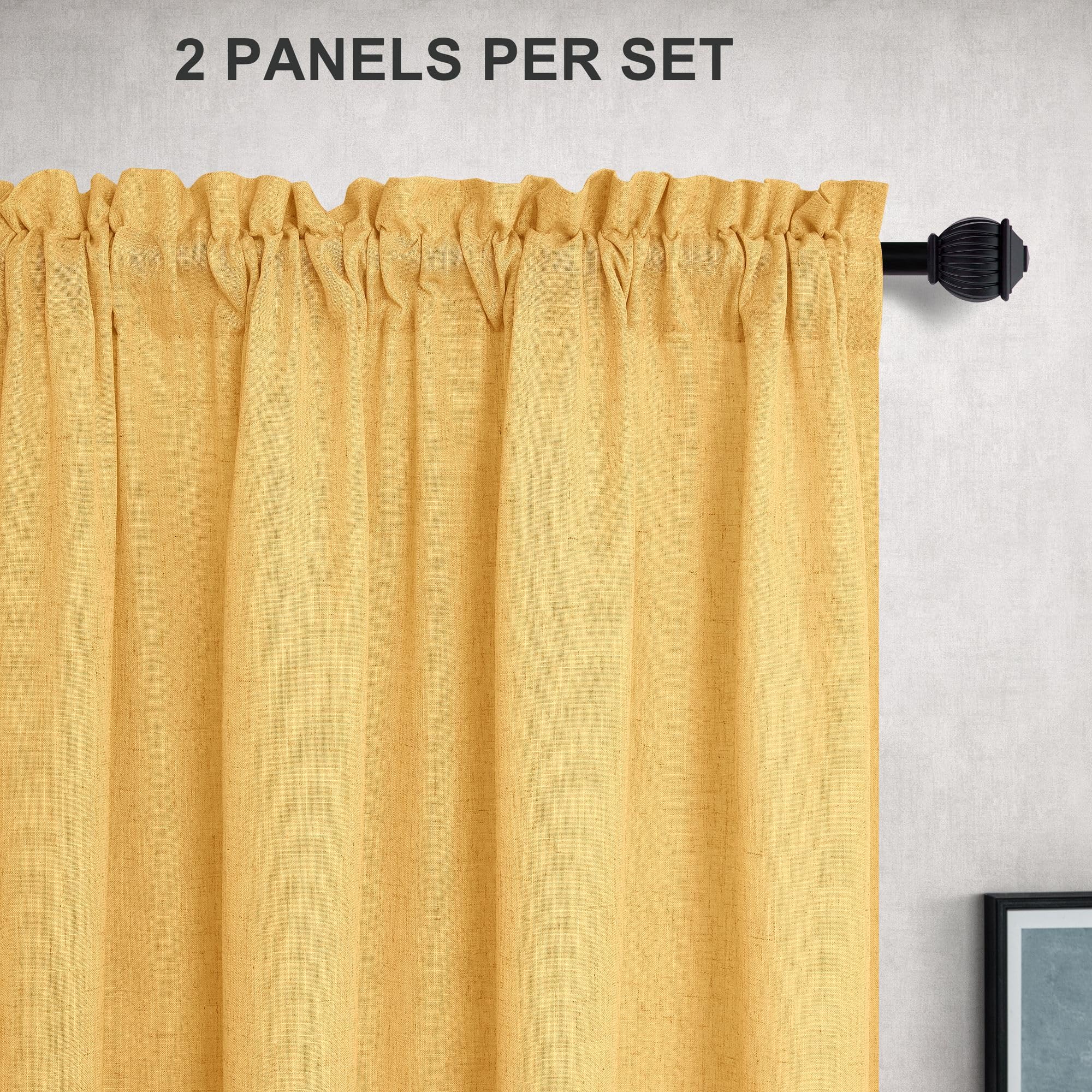 Golden Yellow Linen Curtains 96 Inches Long For Living Room 2 Panels Pair Set Rod Pocket Fall Drape Semi Sheer Light Filter Mustard Yellow Gold Curtain For Bedroom Dining Office Warm Sunflower Colored
