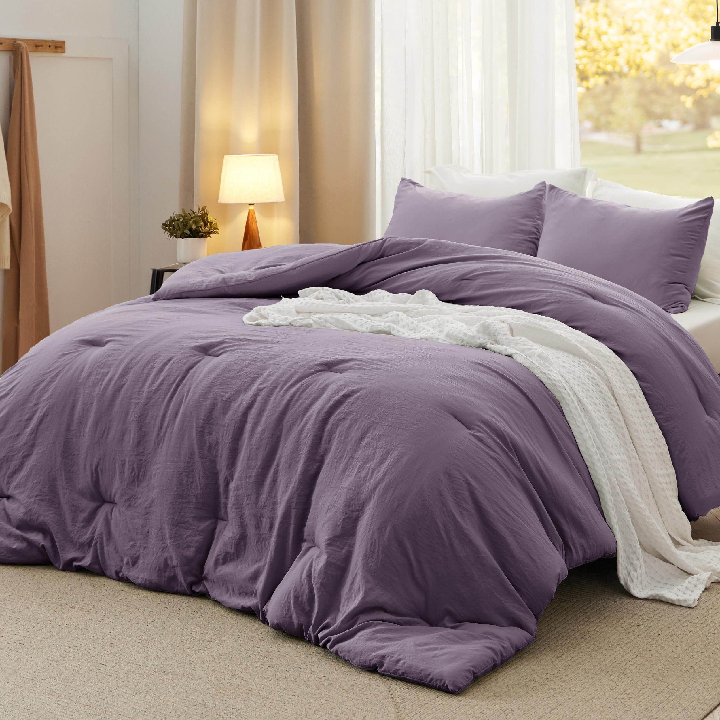 Bedsure Queen Size Comforter Set, Grayish Purple Soft Prewashed Bedding for All Seasons, 3 Pieces GentleSoft Down Alternative Be