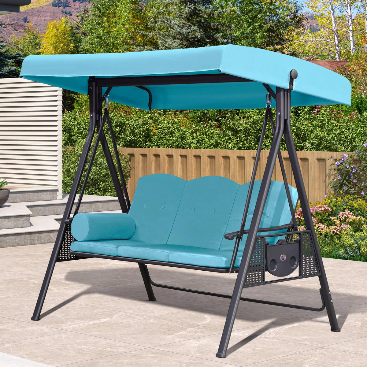Purple Leaf 3-Seat Outdoor Patio Porch Swing With Adjustable Tilt Canopy, Cushions And Pillow Included, Turquoise Blue