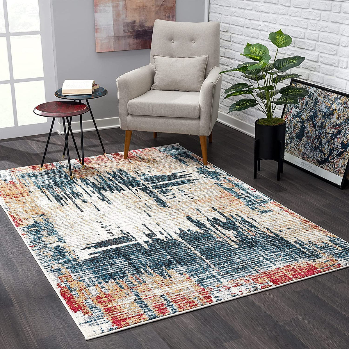 HomeRoots Multi 100% Twisted Polyester 4â€ x 6â€ Blue and Red Mod Distressed Area Rug