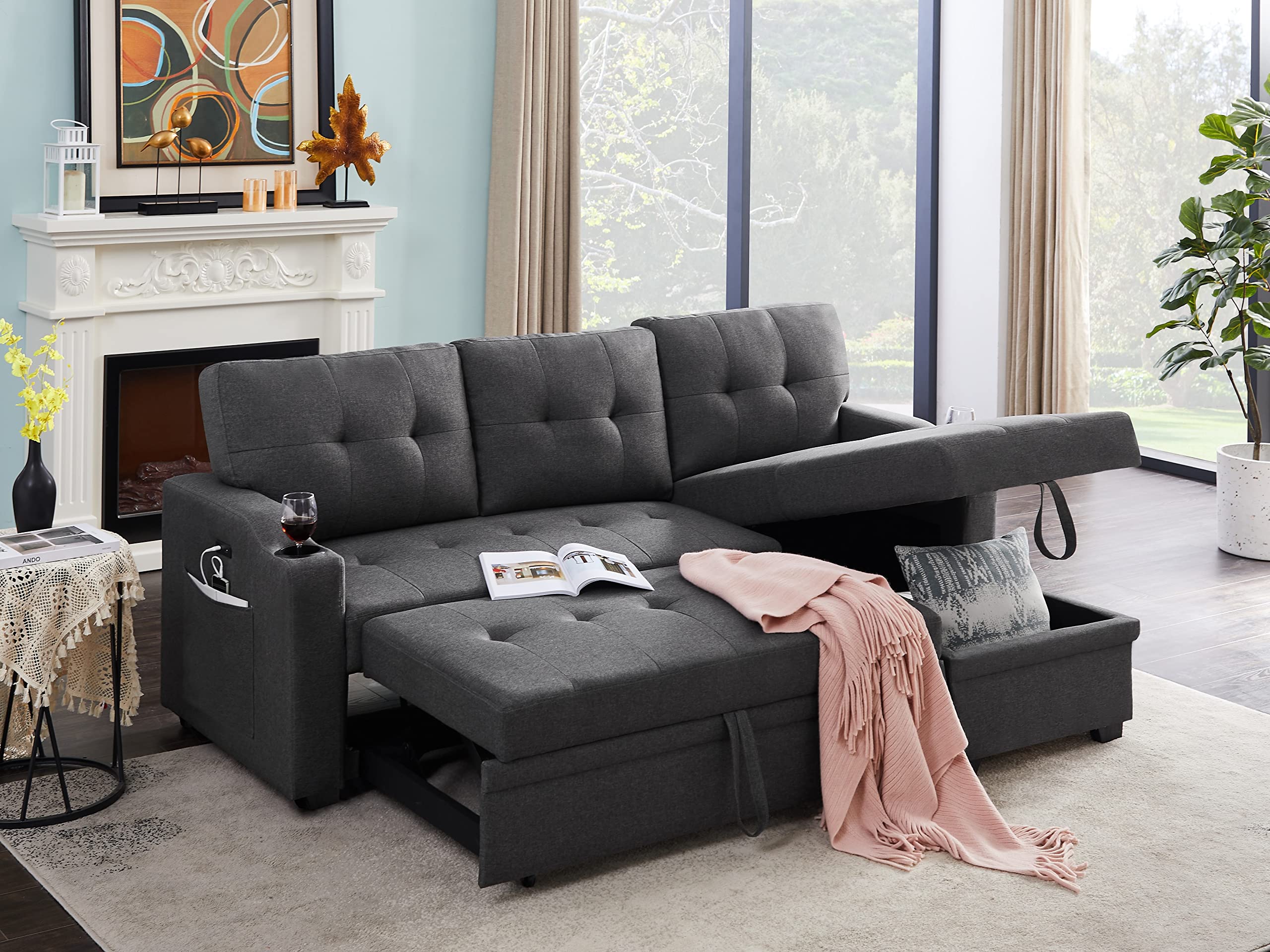 Lilola Home Mabel 83&quot; W Dark Gray Linen Fabric Sleeper Sectional with cupholder, USB Charging Port and Pocket