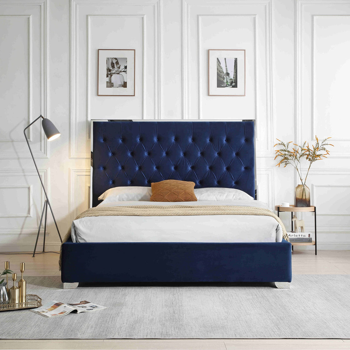 Woodpeckers Furniture And Mattress Sophia Velvet Queen Bed with Silver Metal Frame (Blue)