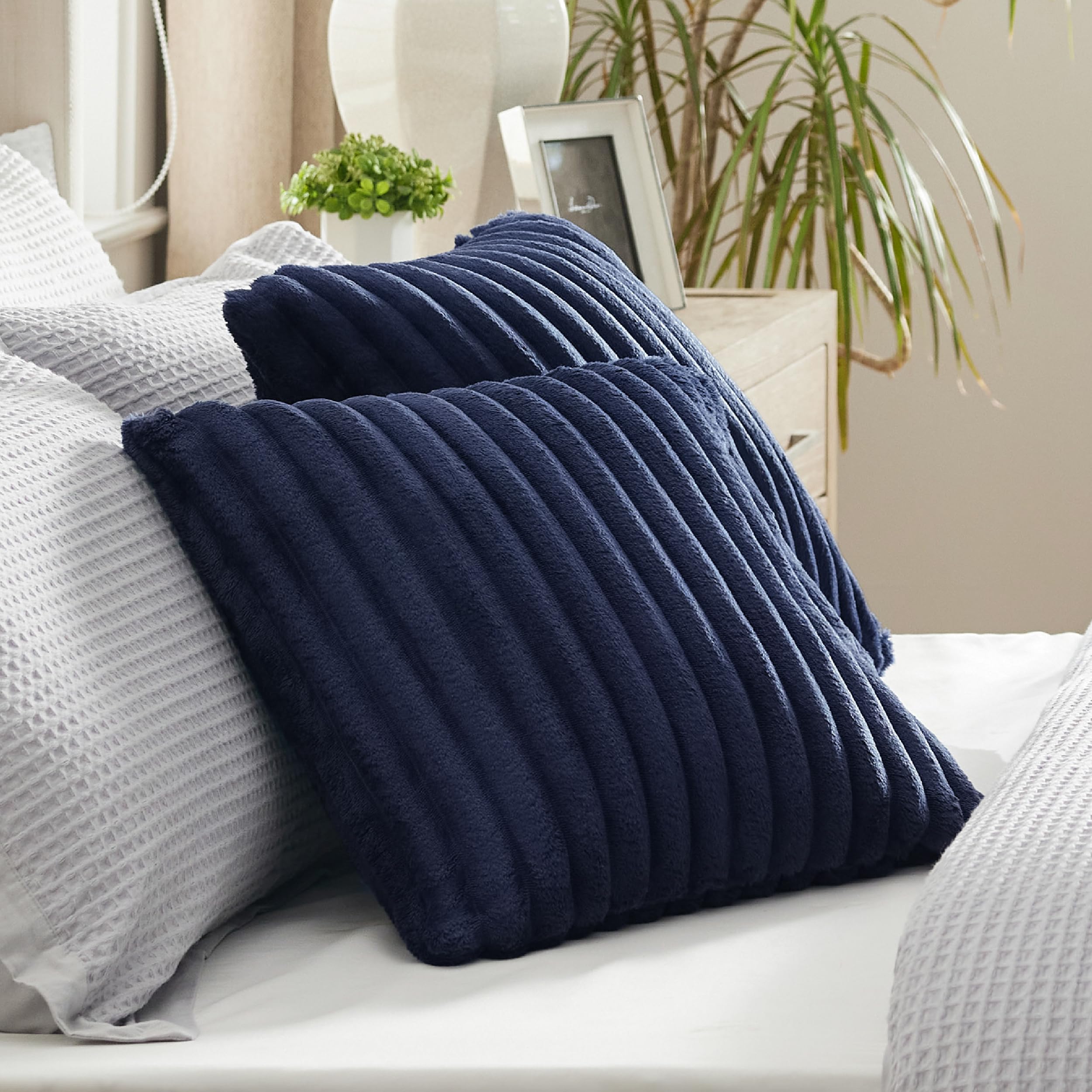 Bedsure Throw Pillow Covers 18X18 Inch - Pack Of 2 Blue Luxury Soft Cozy Fluffy, Striped Pillow Covers, Home Decor For Sofa Couc