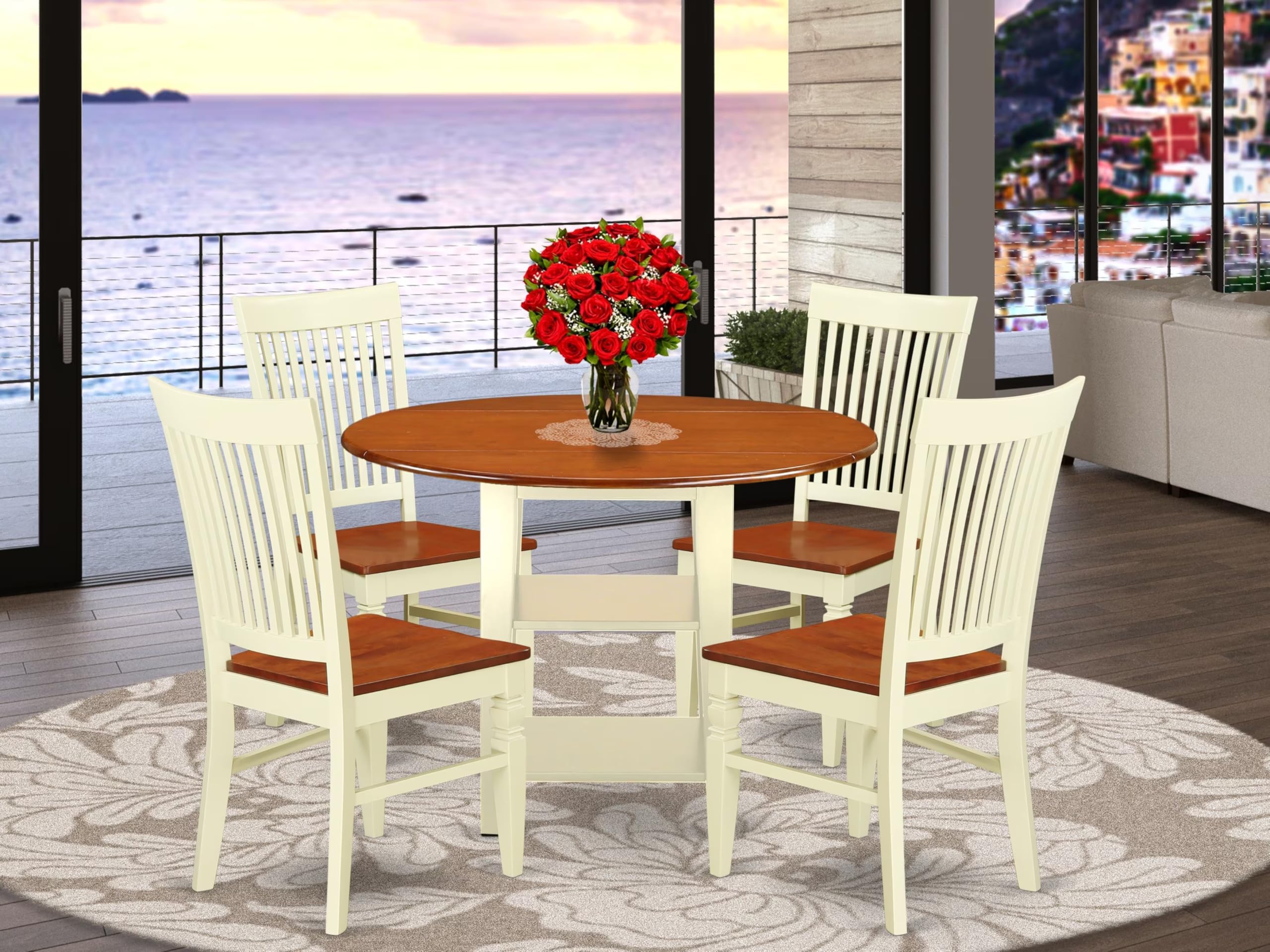 East West Furniture Suwe5-Bmk-W 5 Piece Dining Table Set For 4 Includes A Round Kitchen Table With Dropleaf & Shelves And 4 Kitchen Dining Chairs, 42X42 Inch, Buttermilk & Cherry