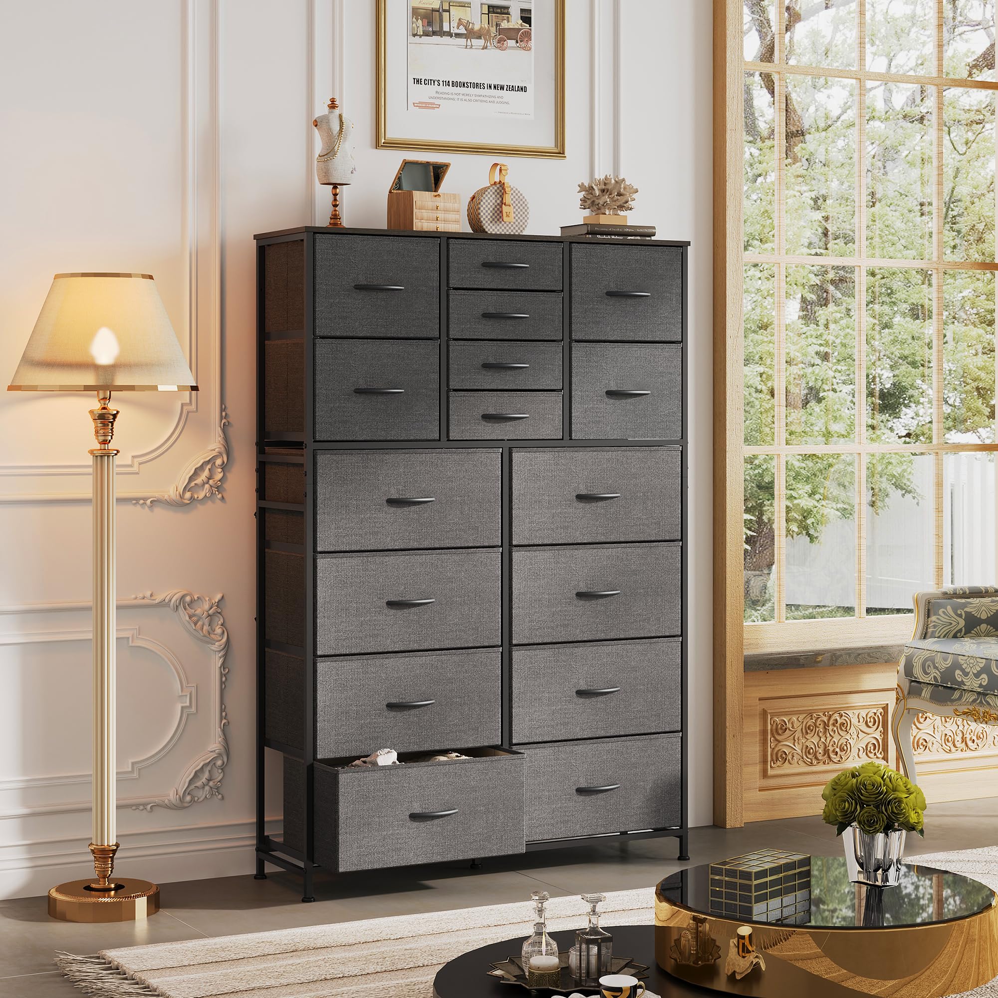 Wlive 16 Drawers Dresser, Tall Dresser For Bedroom, Closet, Hallway, Storage Dresser Organizer Unit, Large Dressers & Chests Of Drawers With Fabric Bins, Dark Grey
