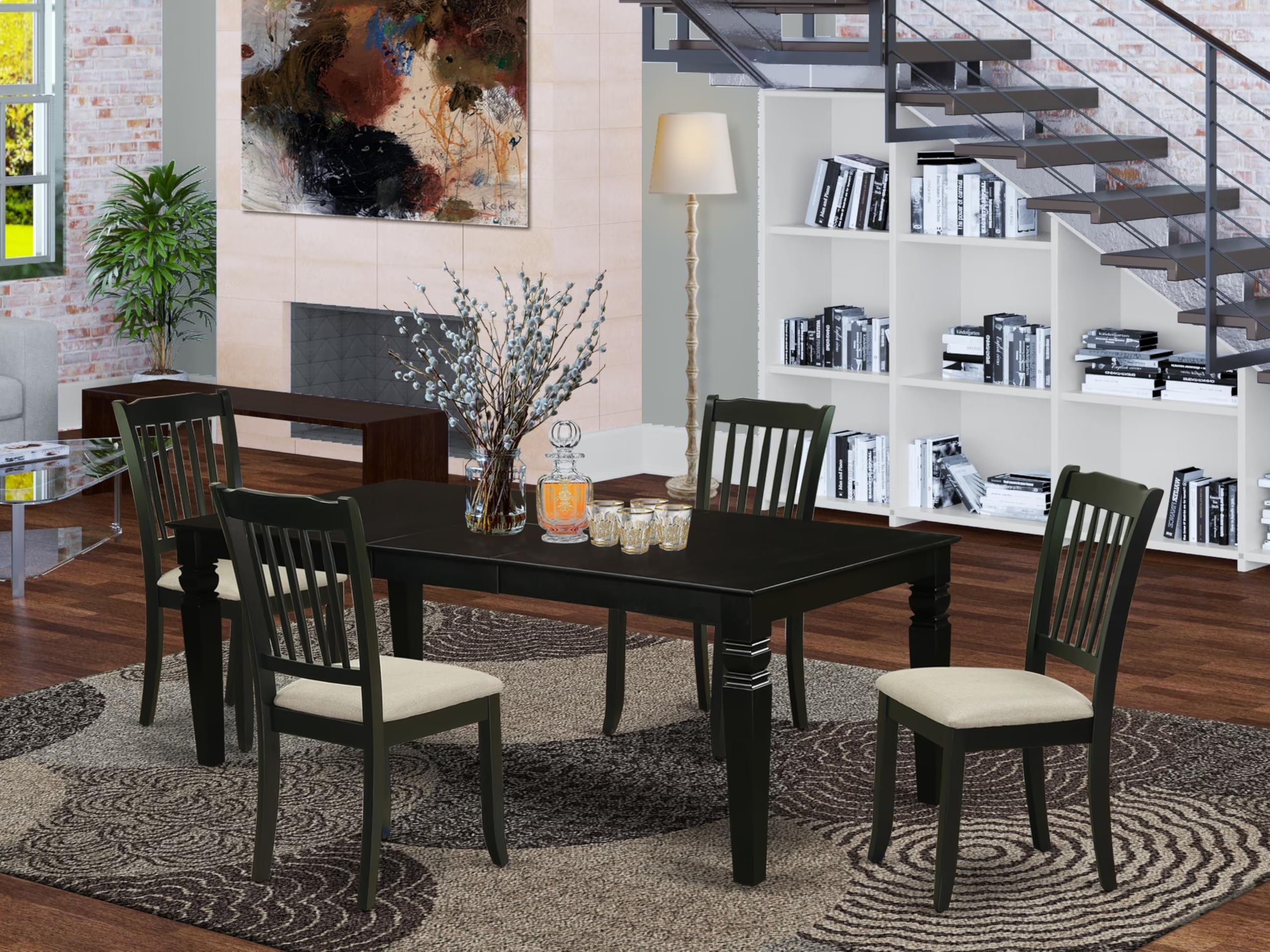 East West Furniture Lgda5-Blk-C 5 Piece Dinette Set Includes A Rectangle Dining Room Table With Butterfly Leaf And 4 Linen Fabric Upholstered Dining Chairs, 42X84 Inch, Black