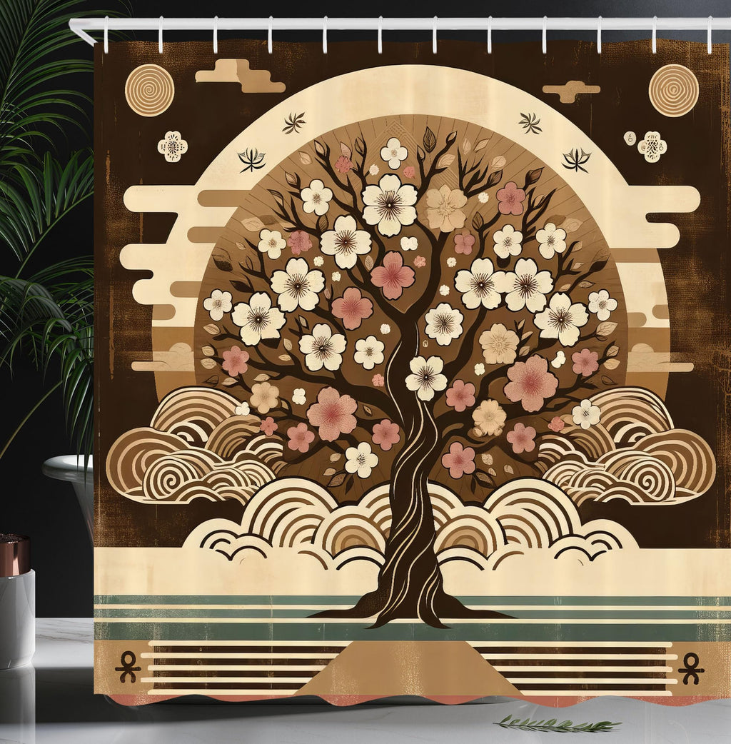 Ambesonne Brown Shower Curtain, Asian Cultural Inspired Tree Design Grunge Earthy Style Floral Branches, Cloth Fabric Bathroom D