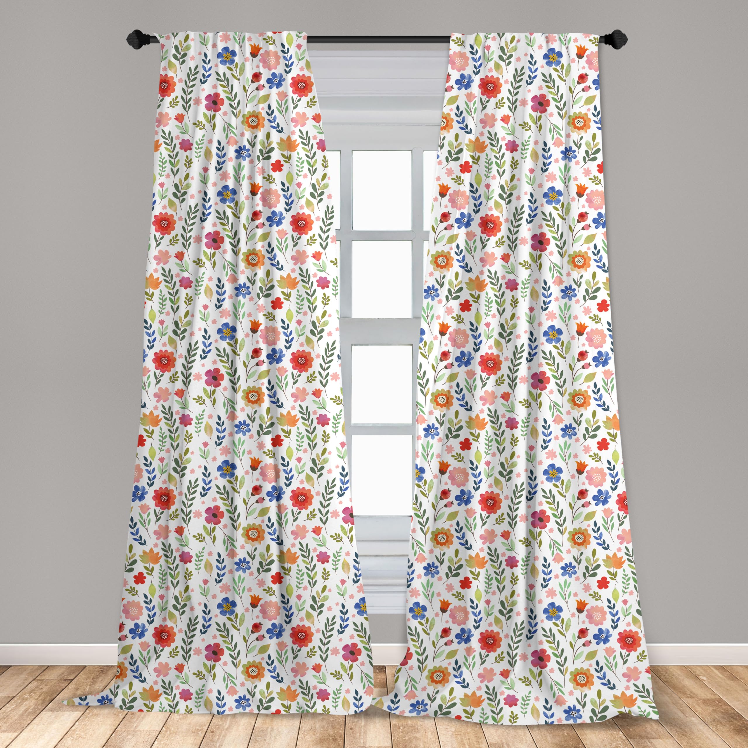 Ambesonne Watercolor Curtains, Floral Patterned Illustration Leaves And Wildflowers Abstract Botanical, Window Treatments 2 Pane