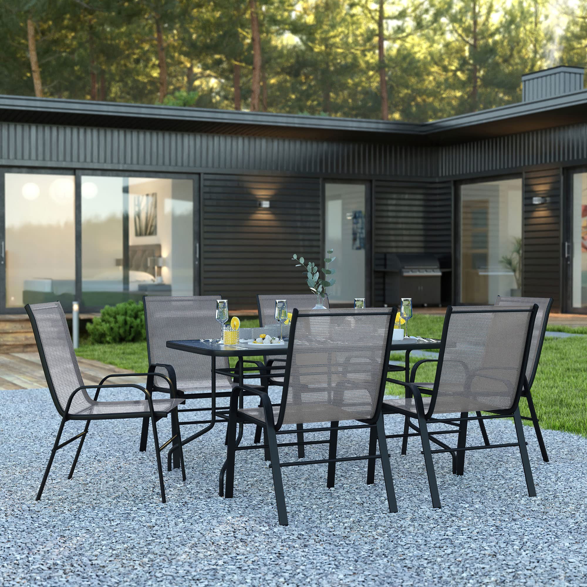 Flash Furniture Brazos Series 7-Piece Glass Patio Table And Chairs Set, Outdoor Patio Dining Set With Rectangular Table And 6 Sling Patio Chairs, Gray