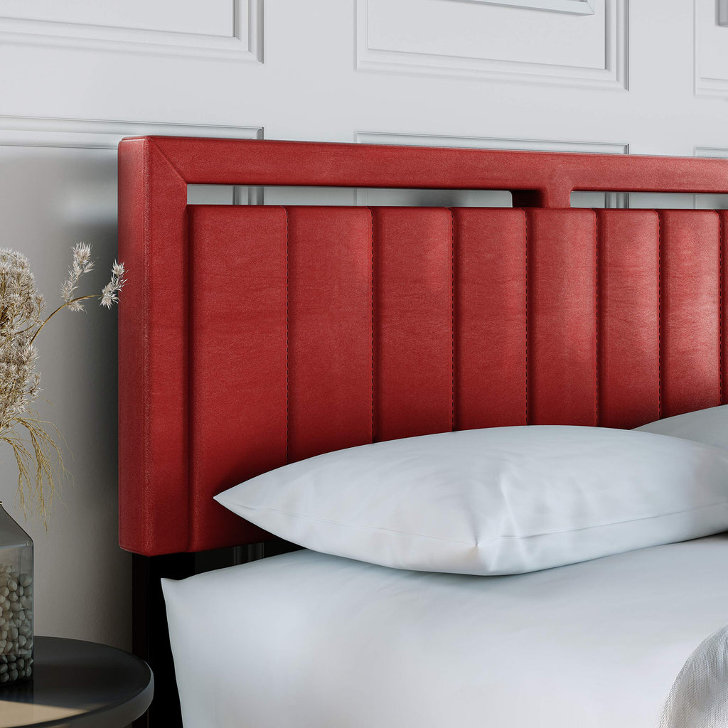 Boyd Sleep Beaumont Upholstered Platform Bed with Headboard, Mattress Foundation with Strong 14 Wood Slat Supports, No Box Spring Required, Red Faux Leather, Size Full