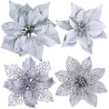24 Pcs 4 Styles Christmas Silver Metallic Mesh Glitter Artificial Poinsettia Flower Stems Tree Ornaments in Box for White Silver