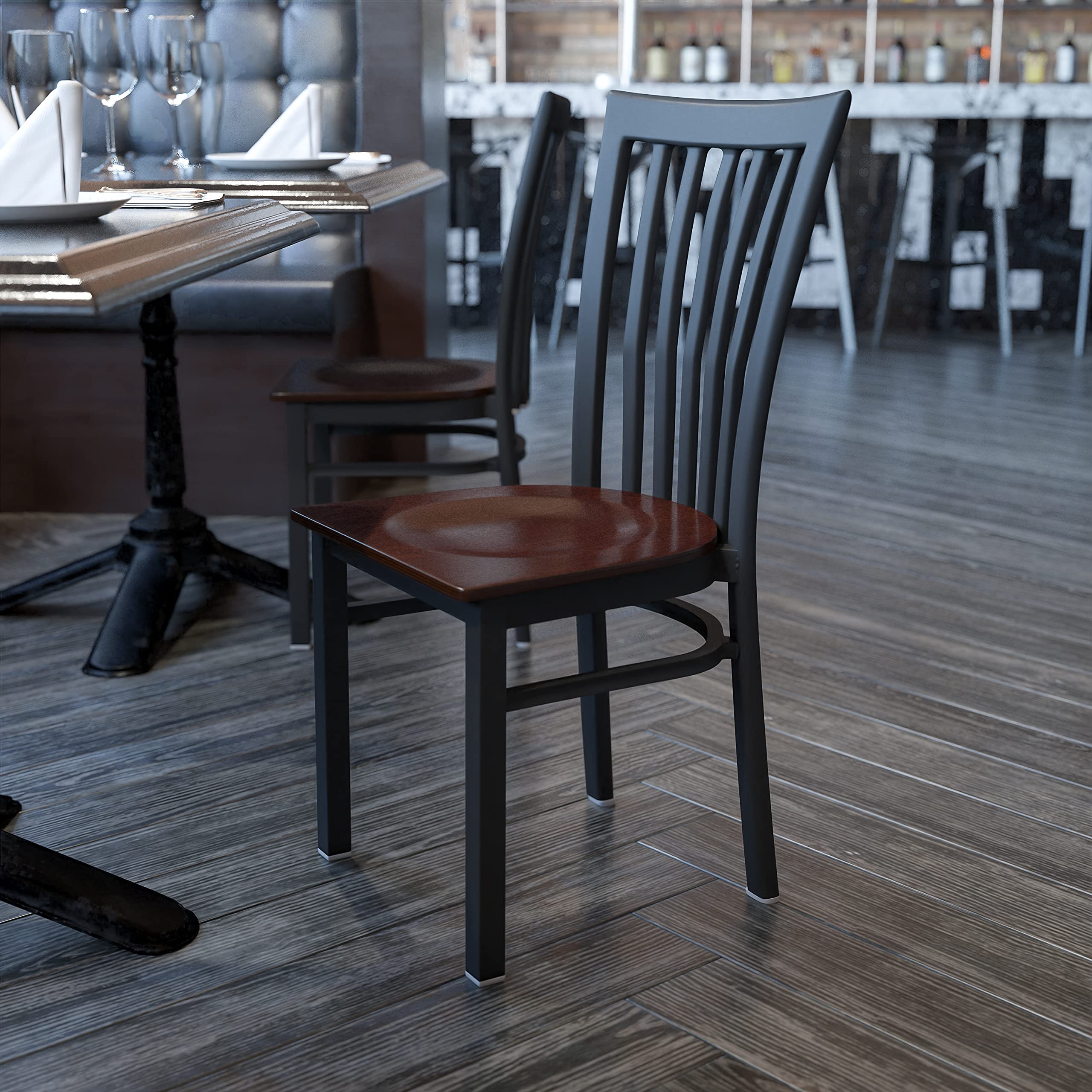Flash Furniture Hercules Series Black School House Back Metal Restaurant Chair - Walnut Wood Seat