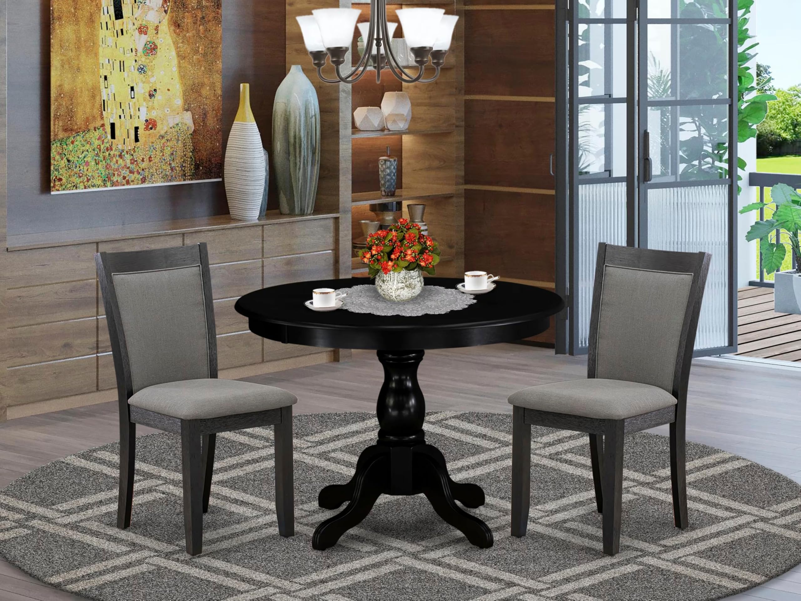 East West Furniture HBMZ3-AB6-50 3 Piece Small Dinette Set Contains a Round Dining Table with Pedestal and 2 Dark Gotham Grey Linen Fabric Upholstered Chairs, 42x42 Inch, Wirebrushed Black