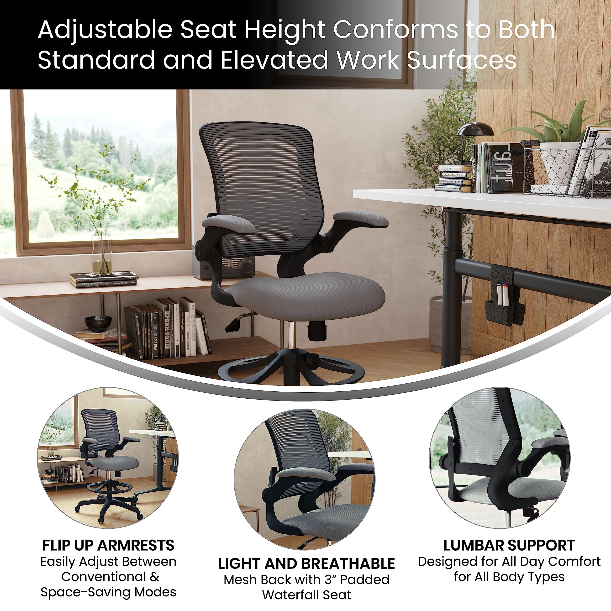 Flash Furniture Kale Mid-Back Swivel Office Chair with Height Adjustable Foot Ring and Lumbar Support, Mesh Executive Chair with Armrests, Dark Gray
