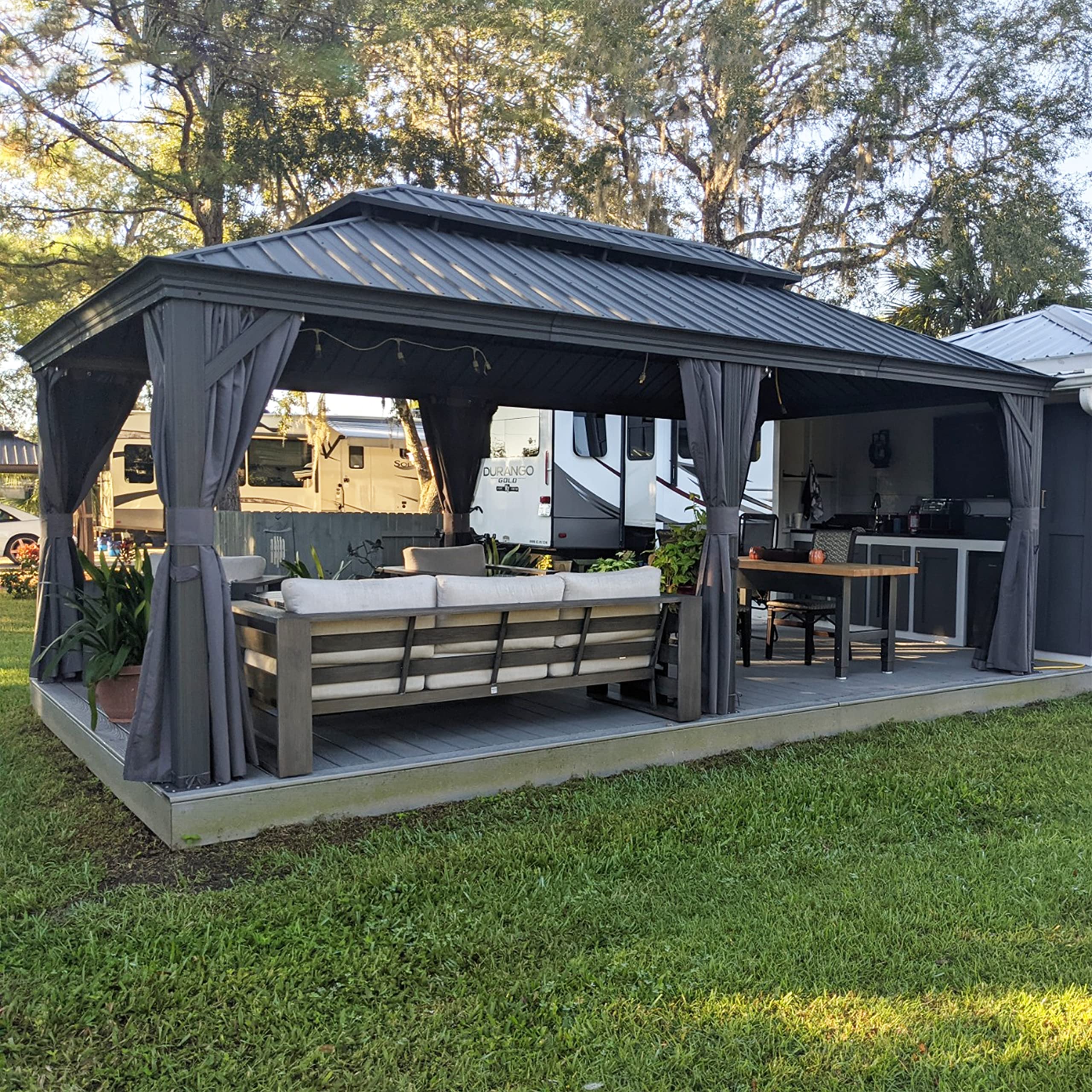 Purple Leaf 12' X 20' Permanent Hardtop Gazebo Aluminum Gazebo With Galvanized Steel Double Roof For Patio Lawn And Garden, Curtains And Netting Included, Grey