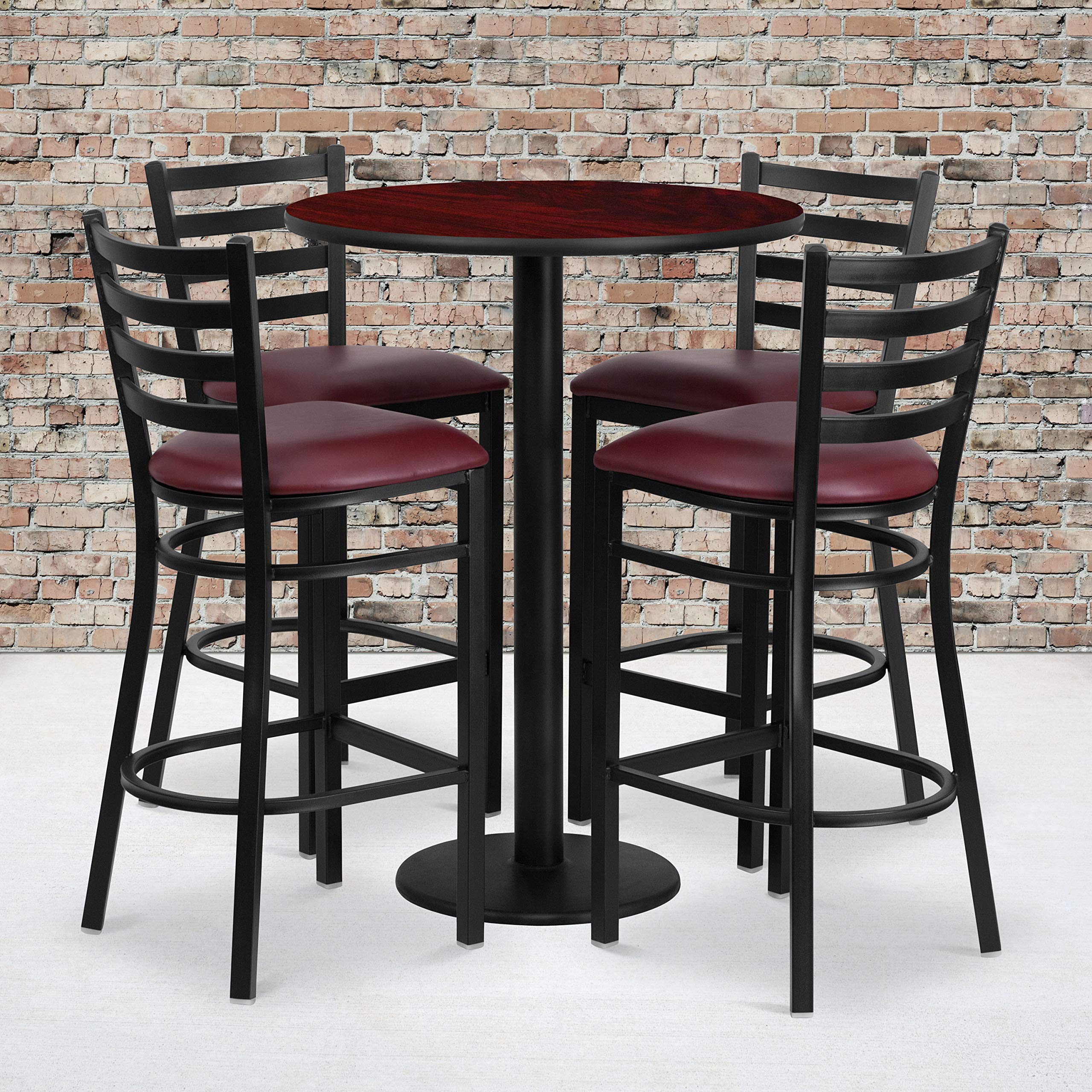 Flash Furniture Jamie 30'' Round Mahogany Laminate Table Set With Round Base And 4 Ladder Back Metal Barstools - Burgundy Vinyl Seat