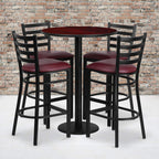 Flash Furniture Jamie 30'' Round Mahogany Laminate Table Set With Round Base And 4 Ladder Back Metal Barstools - Burgundy Vinyl Seat