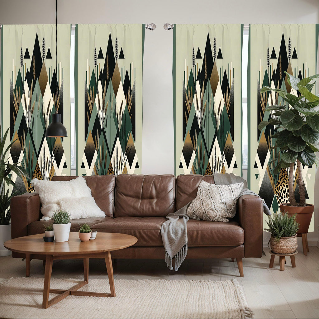 Ambesonne Bohemian Window Curtains Pack Of 2, Diamond Shapes Geometric Design Abstract Botanical Design Boho, Lightweight Set Wi
