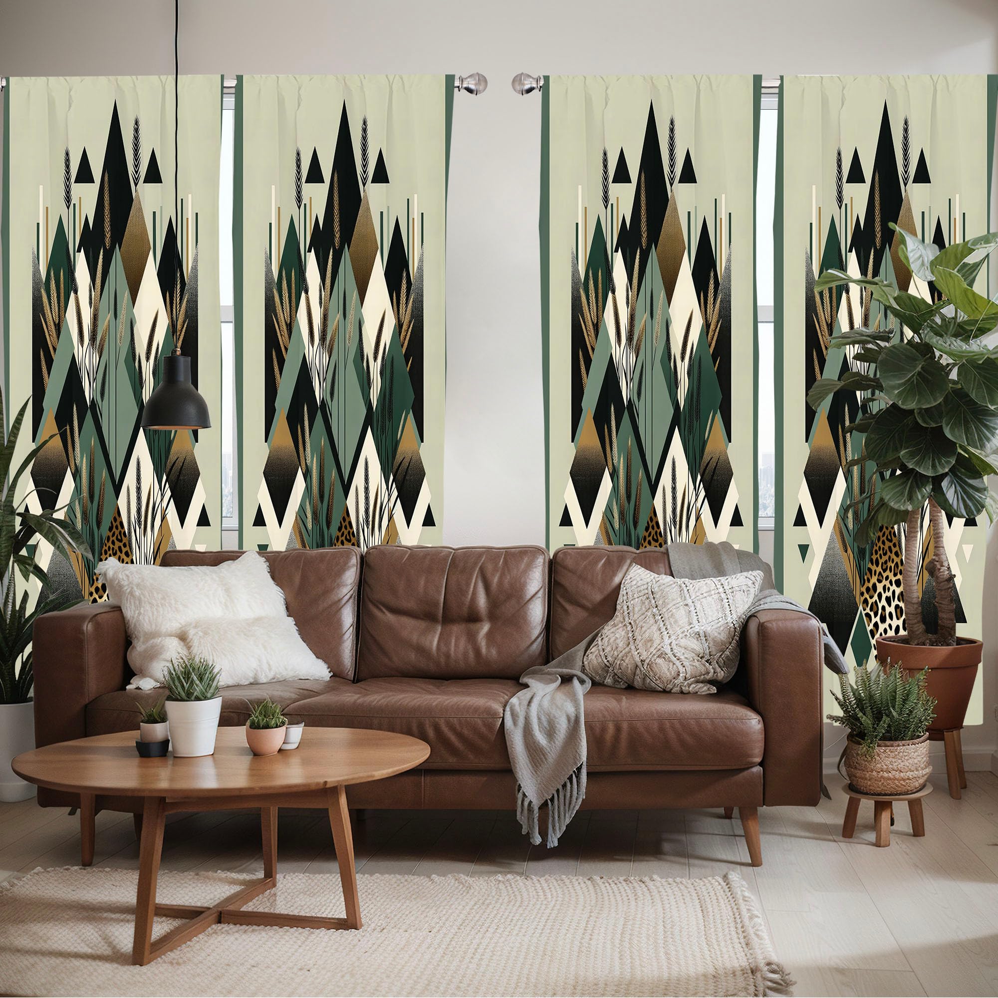 Ambesonne Bohemian Window Curtains Pack Of 2, Diamond Shapes Geometric Design Abstract Botanical Design Boho, Lightweight Set Wi