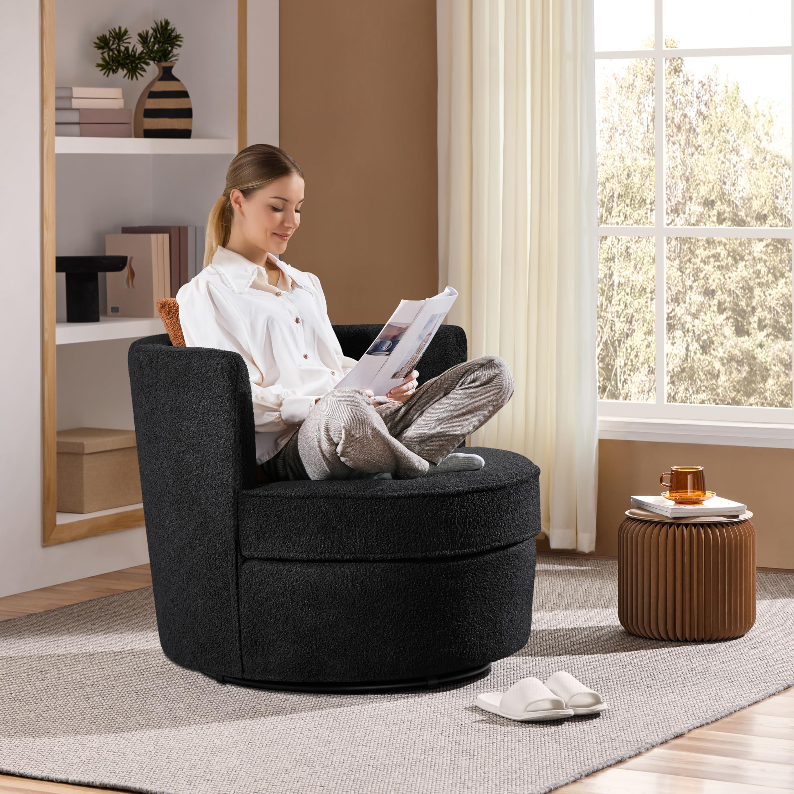 Yaheetech Swivel Accent Chair, 360 Boucle Swivel Barrel Chair, Soft Upholstered Swivel Arm Chair with Removable Throw Pillow, So