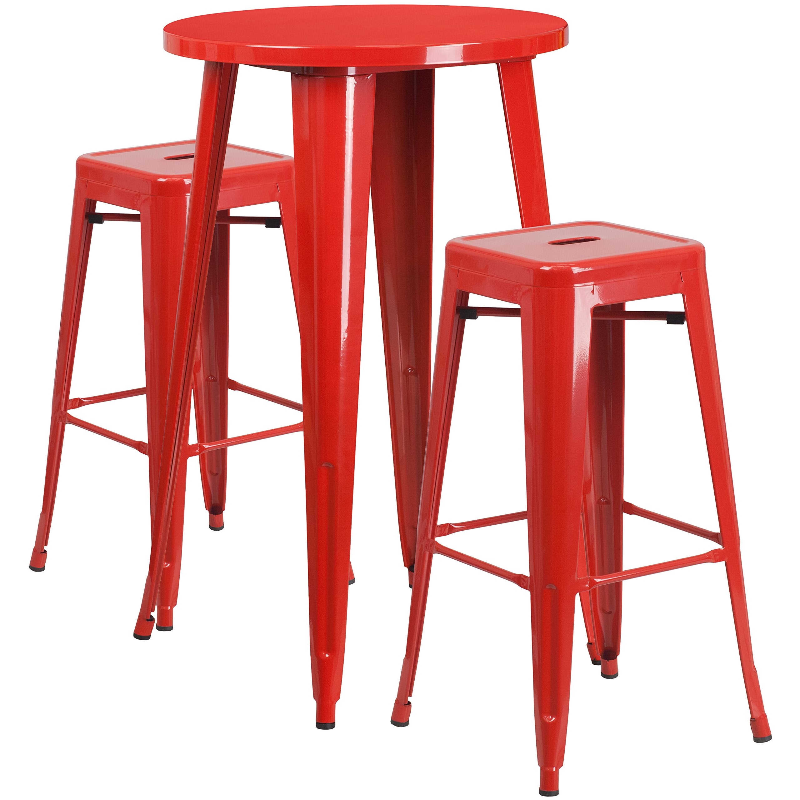 Flash Furniture Commercial Grade 24&quot; Round Red Metal Indoor-Outdoor Bar Table Set with 2 Square Seat Backless Stools