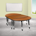 Flash Furniture 3 Piece Mobile 76 Oval Wave Collaborative Oak Thermal Laminate Activity Table Set - Height Adjustable Short Legs