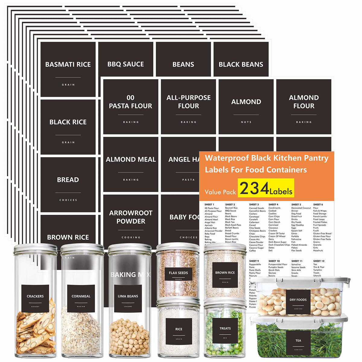 Hebayy 234 Minimalist Kitchen Food Labels, 216 Preprinted Flour Pasta Peas Condiment Oil Stickers, 18 Blank Ones, Waterproof Oil