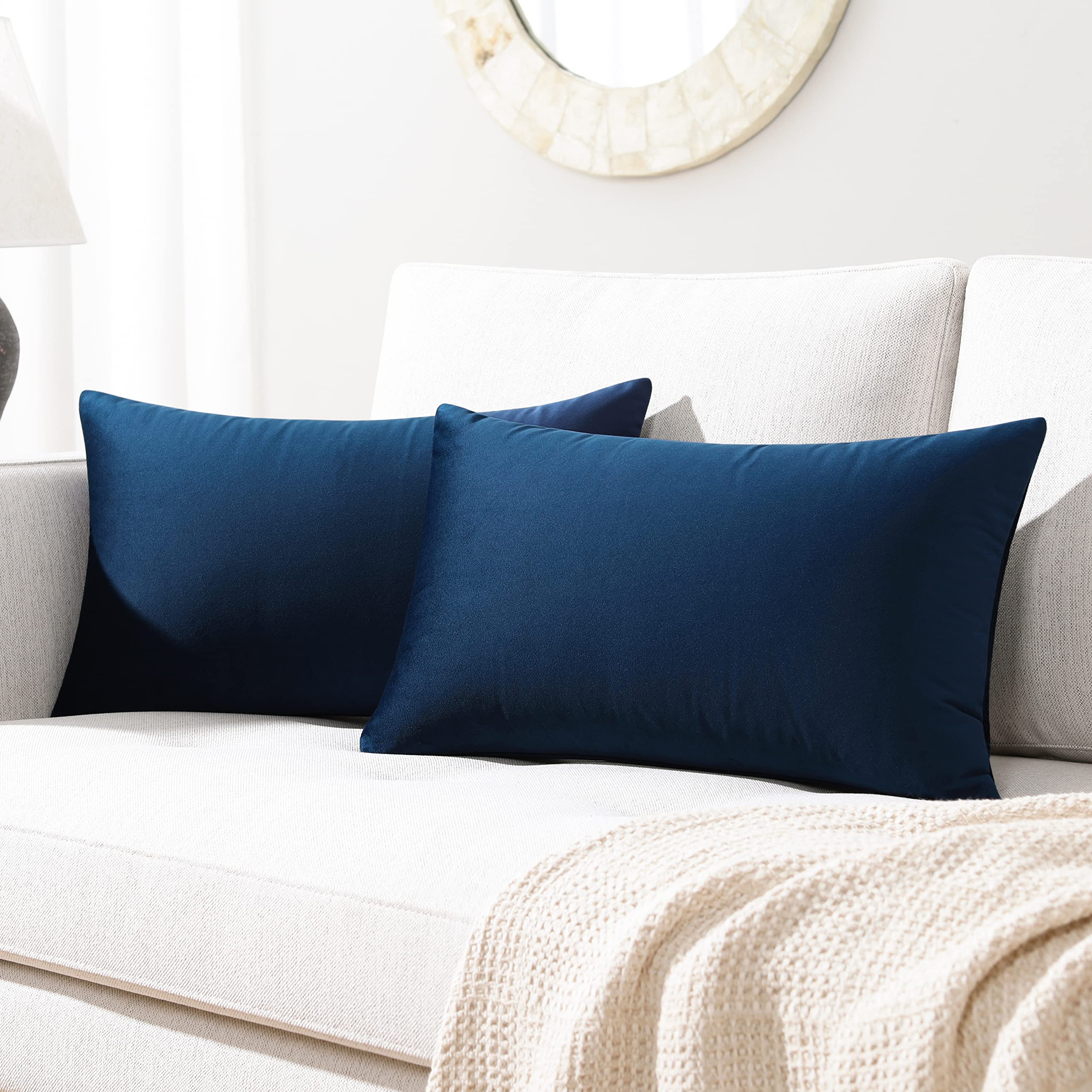 Mixhug Set Of 2 Cozy Velvet Rectangle Decorative Lumbar Throw Pillow Covers For Couch And Bed, Navy Blue, 12 X 20 Inches