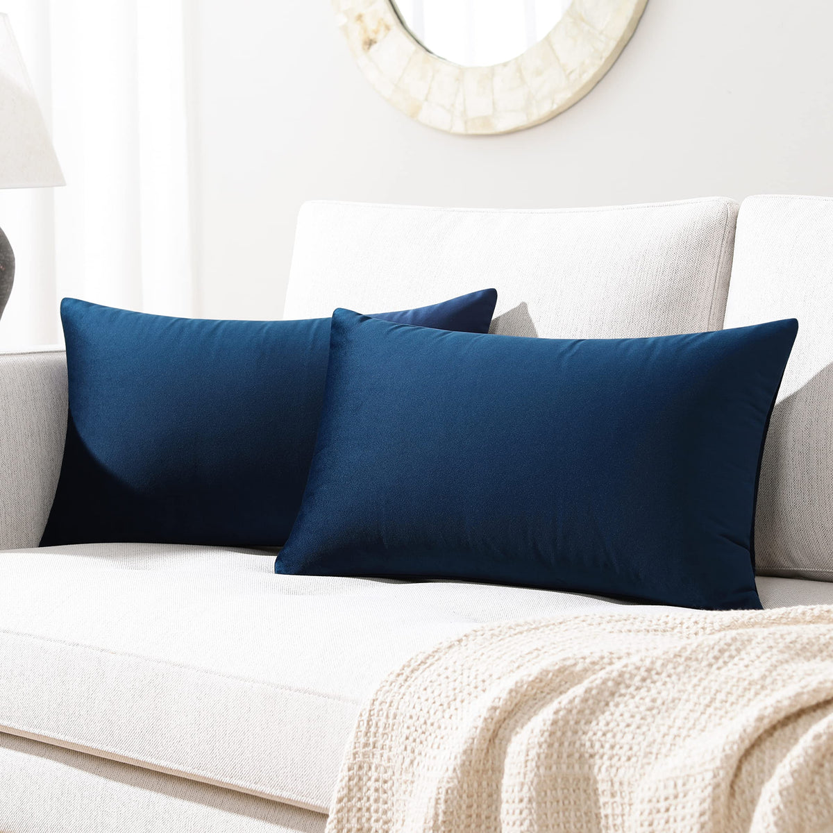 Mixhug Set Of 2 Cozy Velvet Rectangle Decorative Lumbar Throw Pillow Covers For Couch And Bed, Navy Blue, 12 X 20 Inches