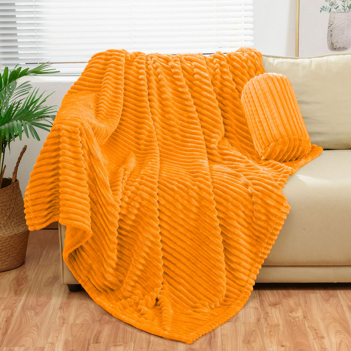 Bnuitland Light Orange Flannel Throw With Storage Pouch,300Gsm Super Soft Fleece Stripe Pattern Sofa Blanket For Adults And Kids