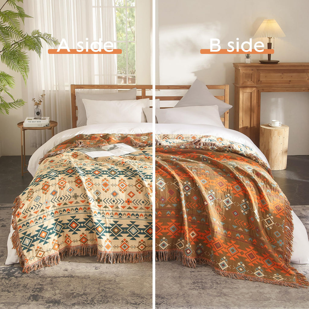 Boho Throw Blanket For Bed 80   X90   , 100% Cotton Woven Blanket For Couch Sofa, Ultra Soft 4-Layer Muslin Quilt With Diamond P