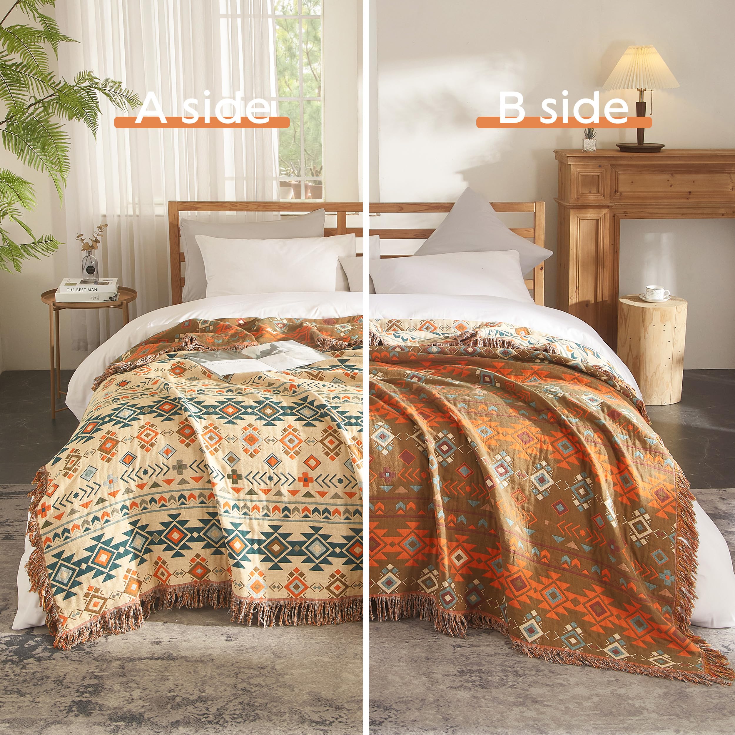 Boho Throw Blanket For Bed 80   X90   , 100% Cotton Woven Blanket For Couch Sofa, Ultra Soft 4-Layer Muslin Quilt With Diamond P