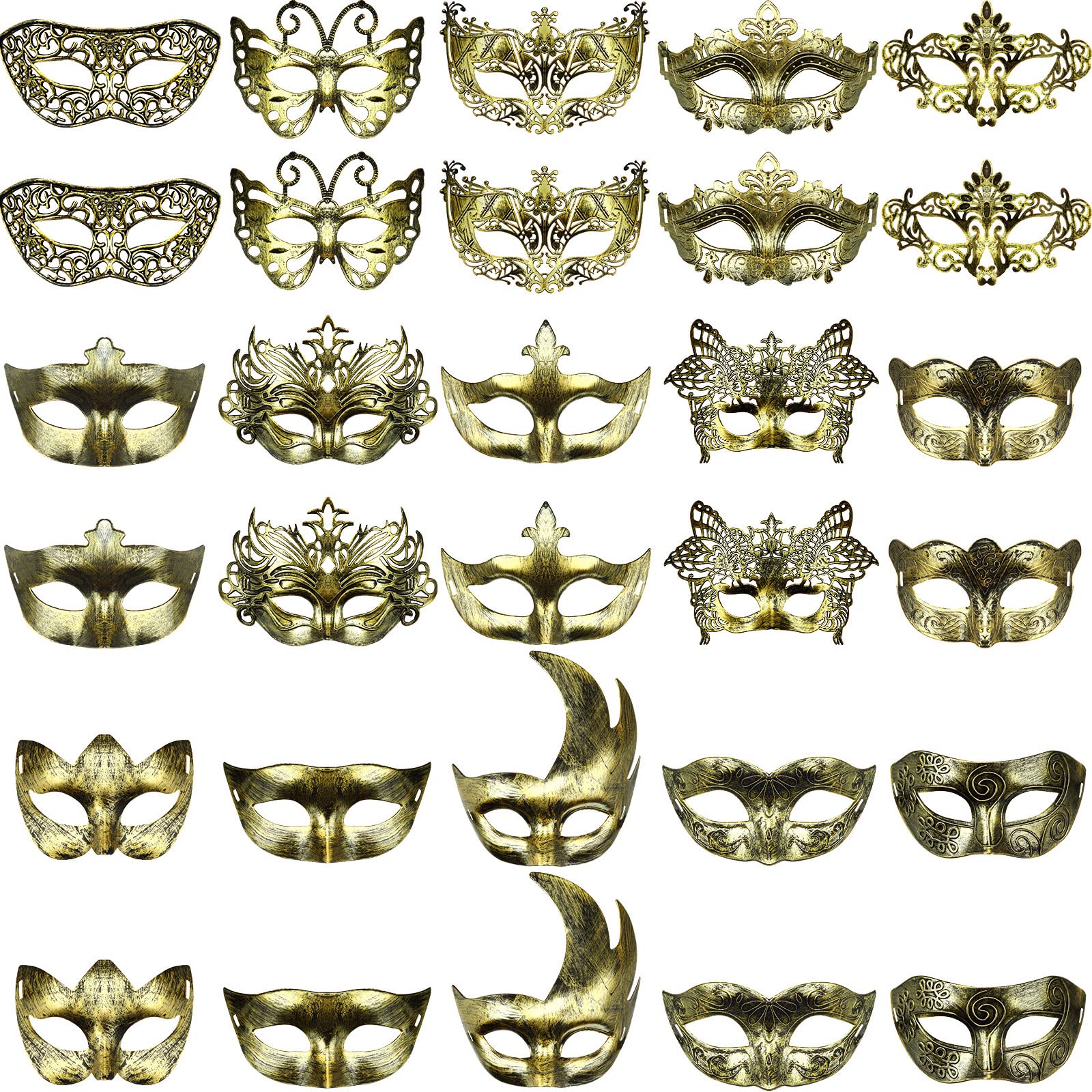 Yunsailing 30 Pieces Masquerade Mask Antique Masks with Straps for Wome Men Mardi Gras Halloween Venetian Ball Party(Gold)
