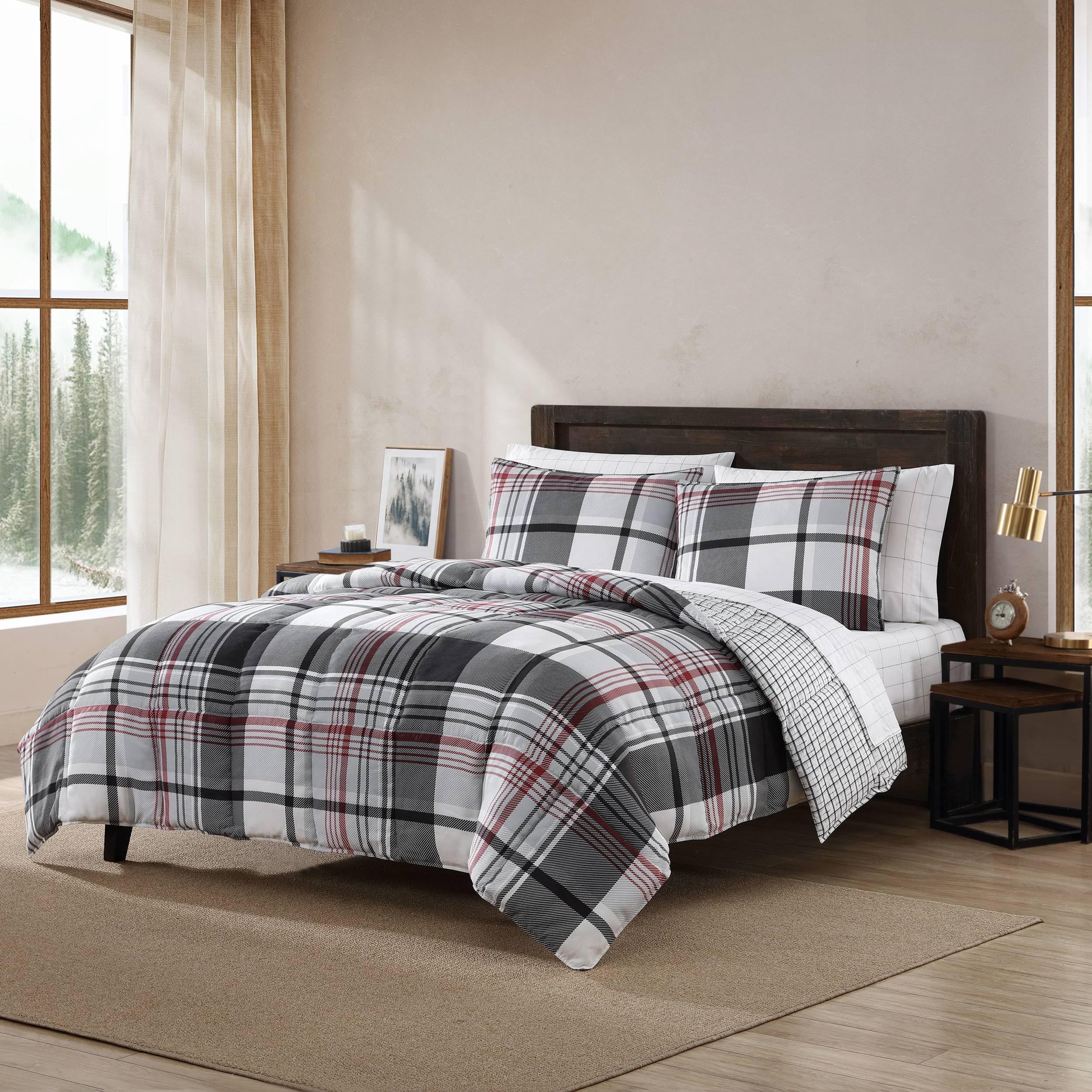 Eddie Bauer- Queen Comforter Set, Reversible Microsuede Bedding With Matching Sham(S), Casual Home Decor (Normandy Plaid Black,