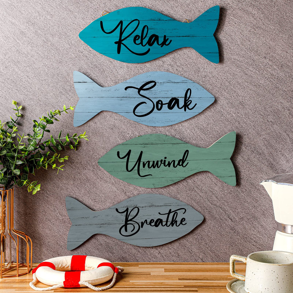 4 Pcs Beach Bathroom Decor Wooden Fish Wall Decor Coastal Bathroom Decor Wall Art Sign Relax Soak Unwind Coastal Wall Decor Fish